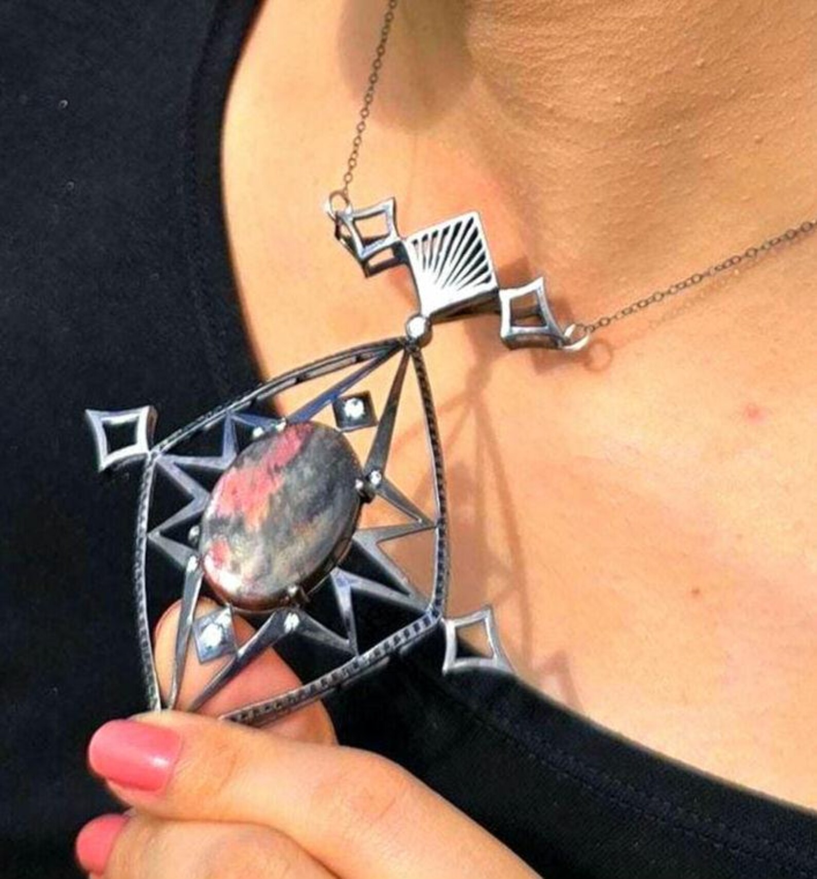 Celestial - Purple haze Sunstone Lattice Pendant 925 Silver Black Rodium plated thumbnail 9
