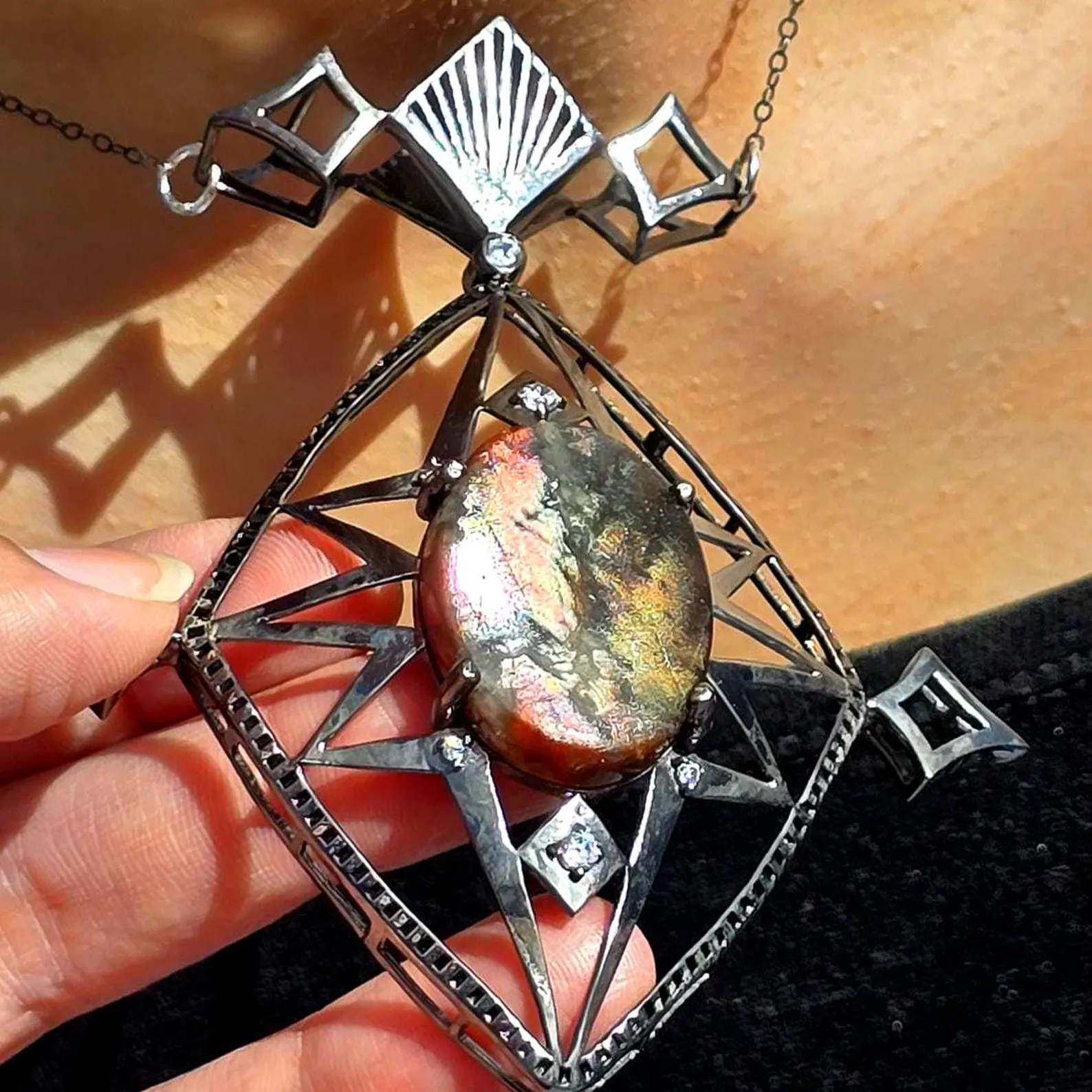 Celestial - Purple haze Sunstone Lattice Pendant 925 Silver Black Rodium plated thumbnail 16
