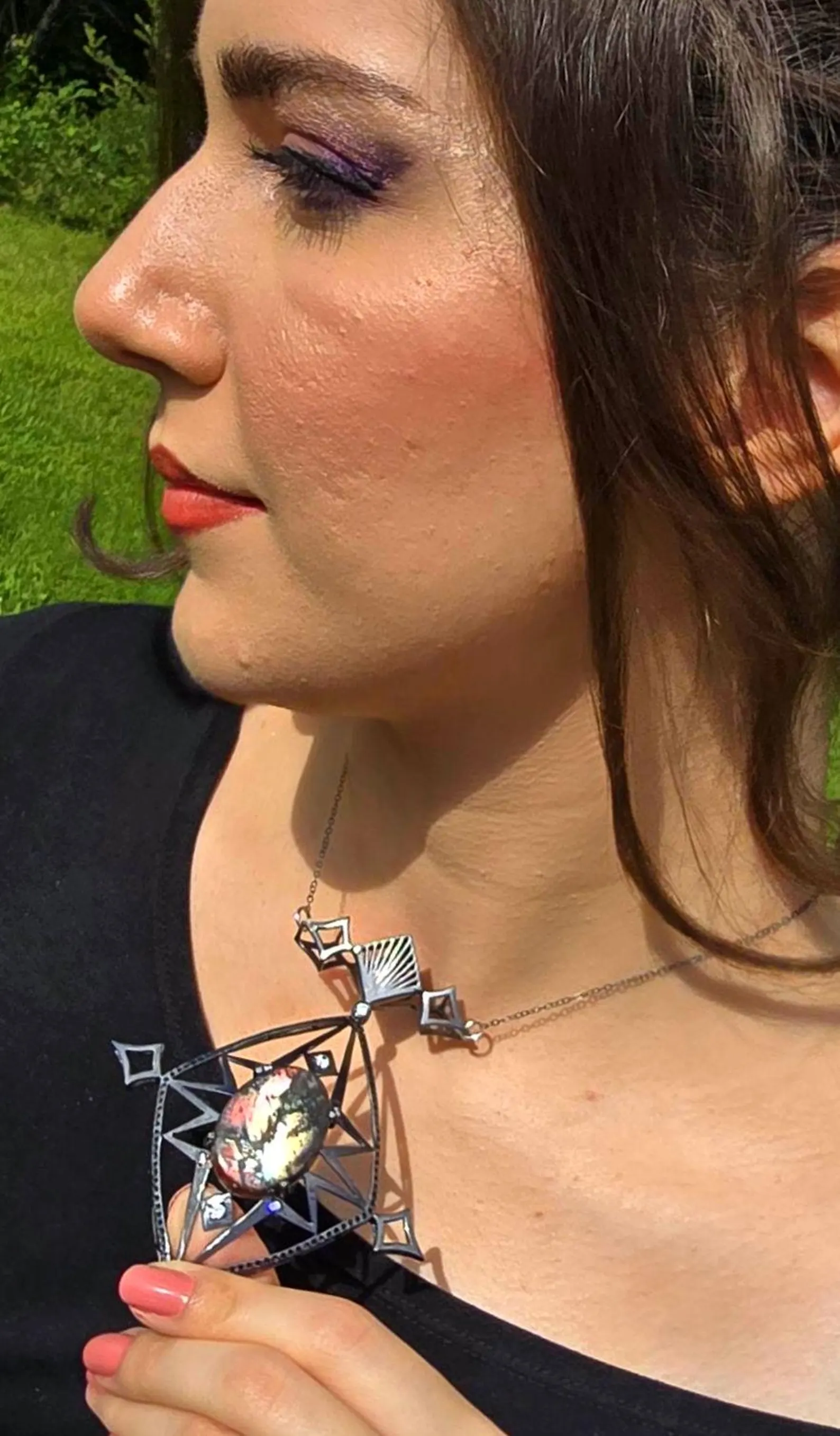 Celestial - Purple haze Sunstone Lattice Pendant 925 Silver Black Rodium plated thumbnail 17
