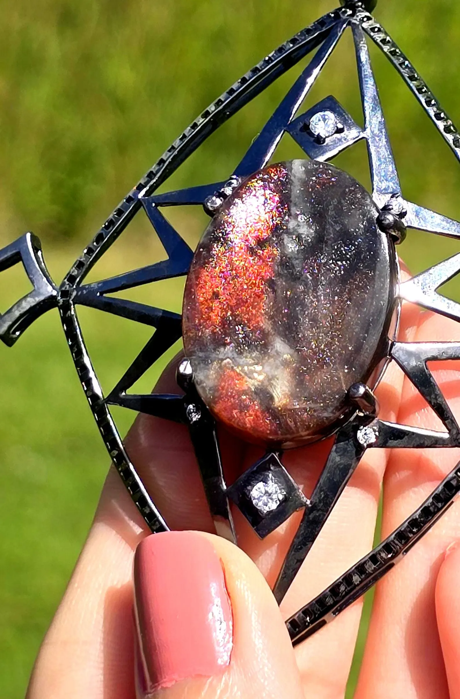 Celestial - Purple haze Sunstone Lattice Pendant 925 Silver Black Rodium plated thumbnail 18