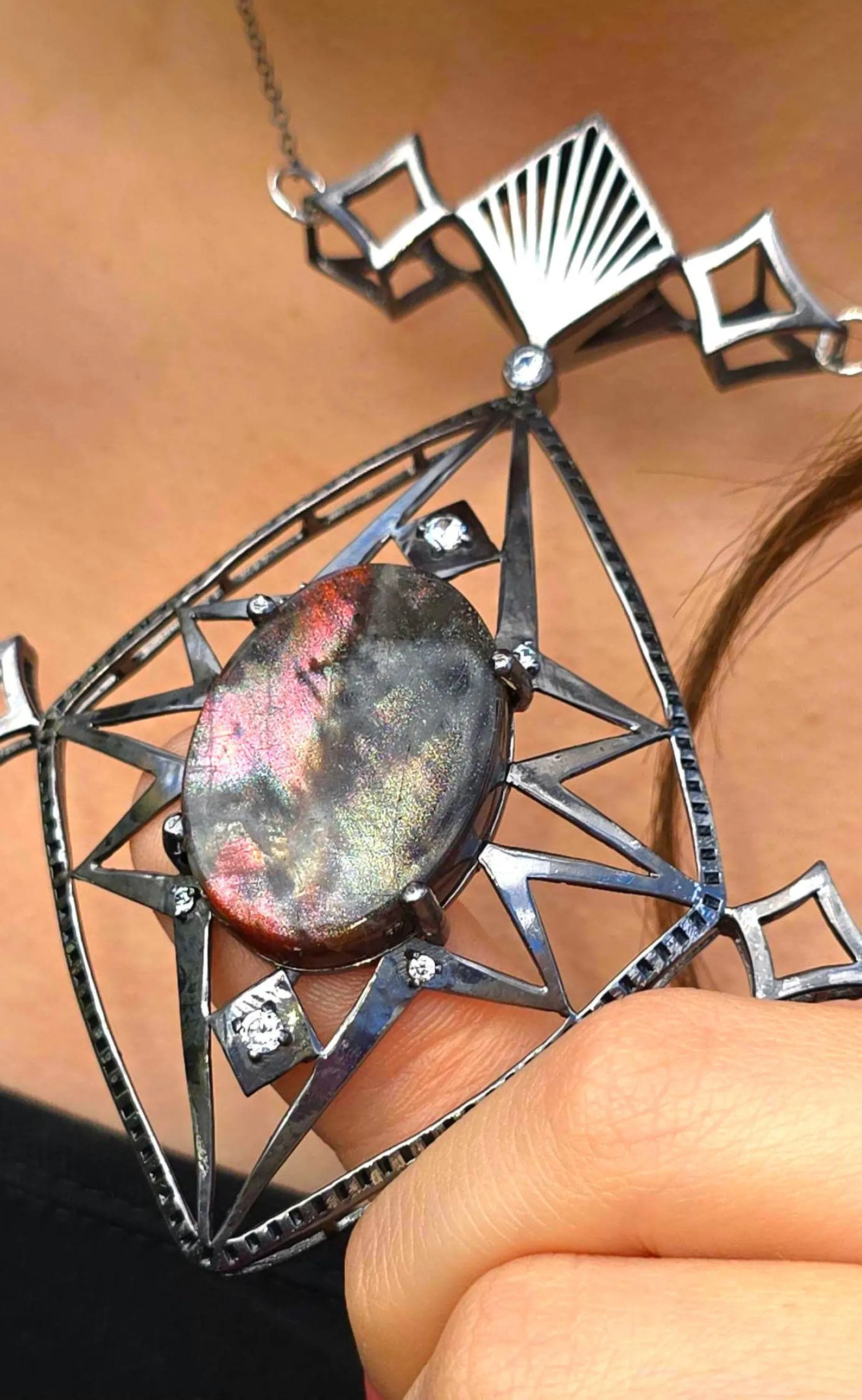 Celestial - Purple haze Sunstone Lattice Pendant 925 Silver Black Rodium plated thumbnail 20