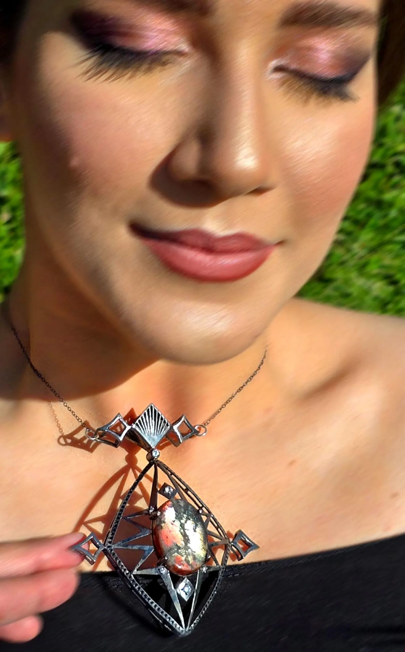 Celestial - Purple haze Sunstone Lattice Pendant 925 Silver Black Rodium plated thumbnail 21