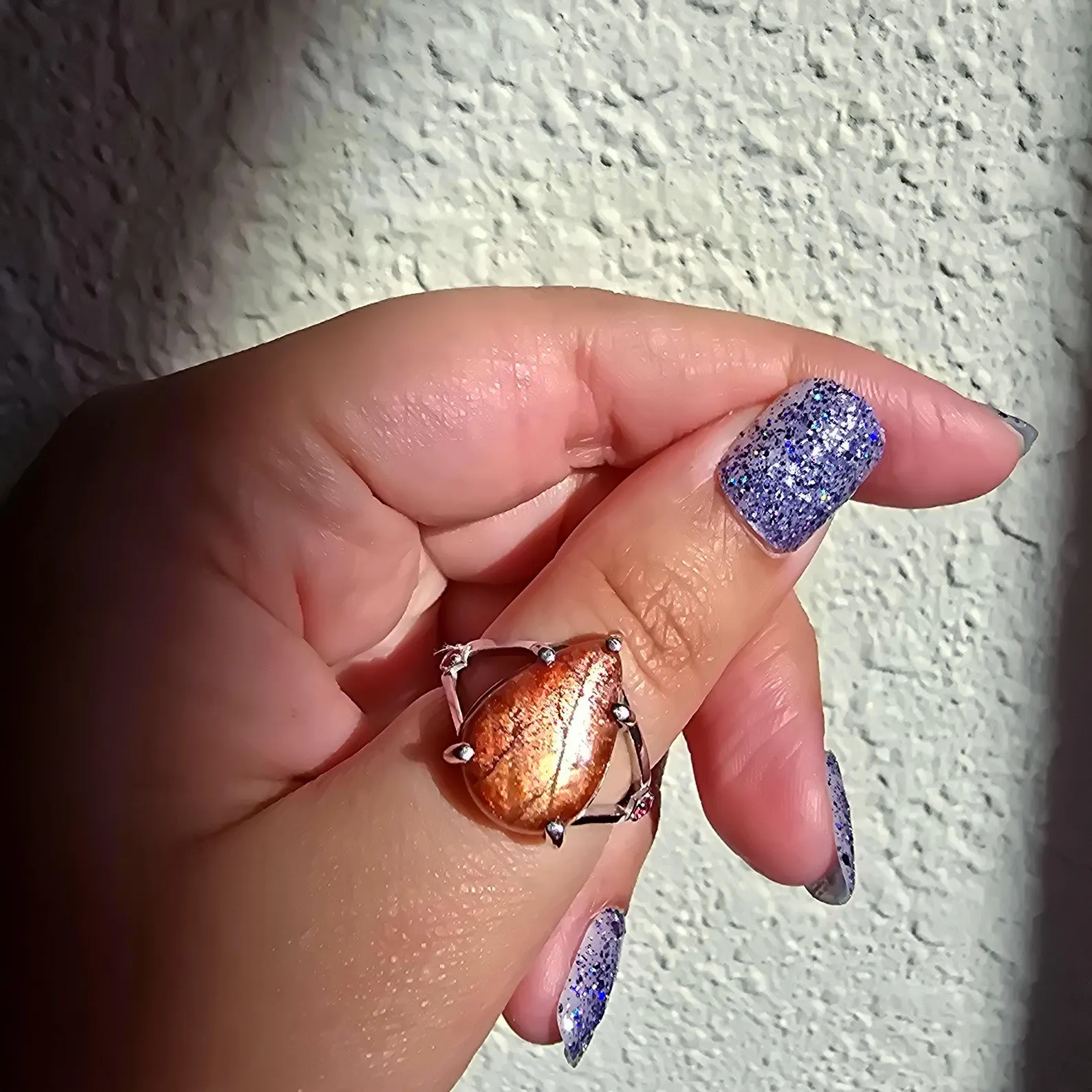 Glittery Fall - Confetti  Sunstone Rainbow lattice 925 Sterling silver ring size 9 