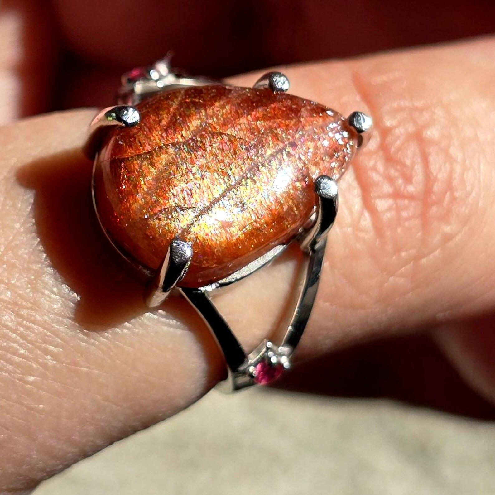 Glittery Fall - Confetti  Sunstone Rainbow lattice 925 Sterling silver ring size 9  thumbnail 2