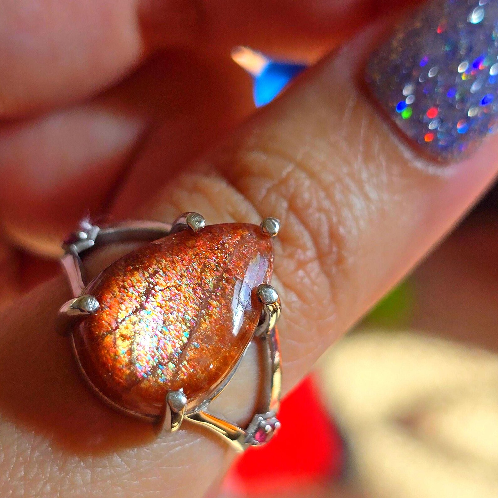 Glittery Fall - Confetti  Sunstone Rainbow lattice 925 Sterling silver ring size 9  thumbnail 4