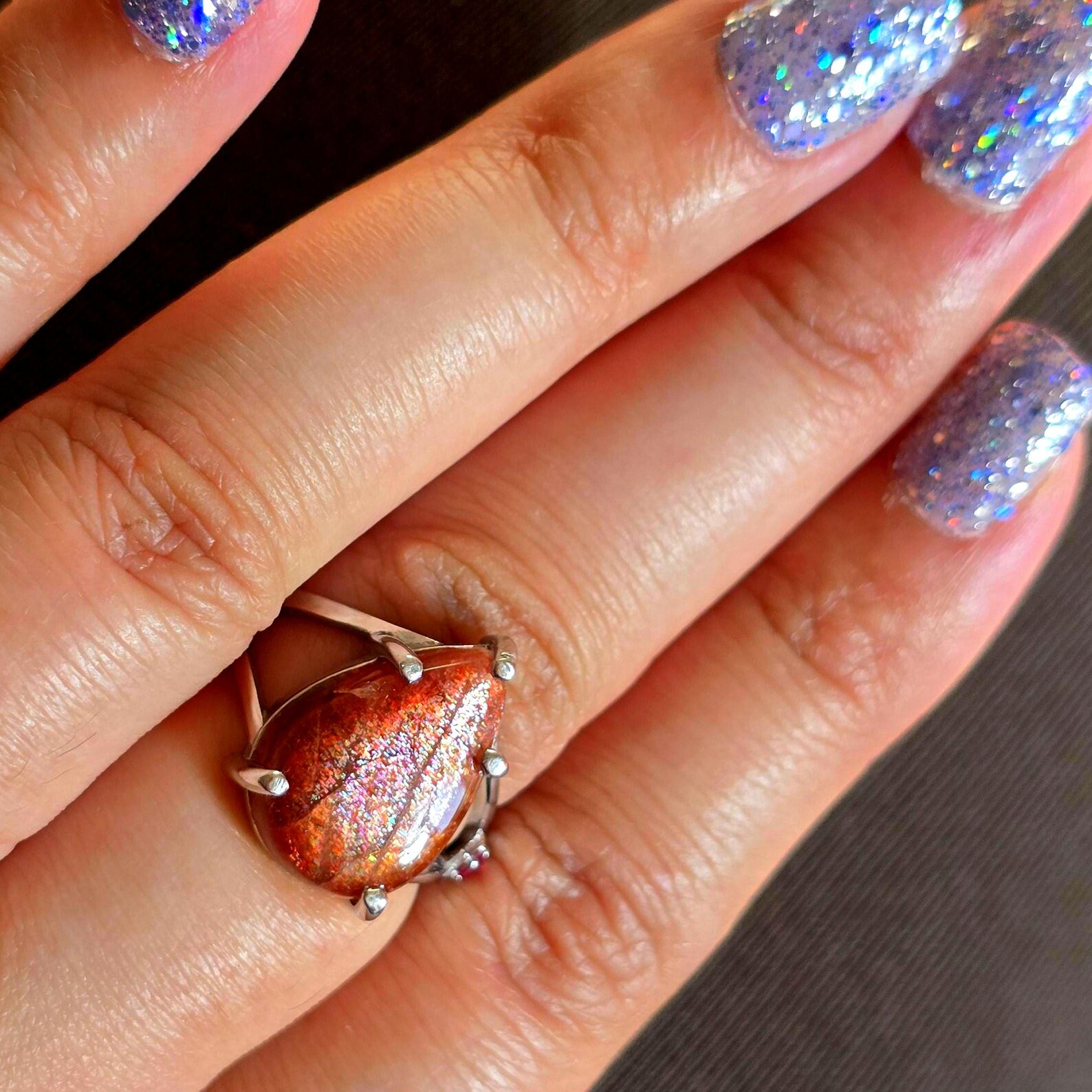 Glittery Fall - Confetti  Sunstone Rainbow lattice 925 Sterling silver ring size 9  thumbnail 5
