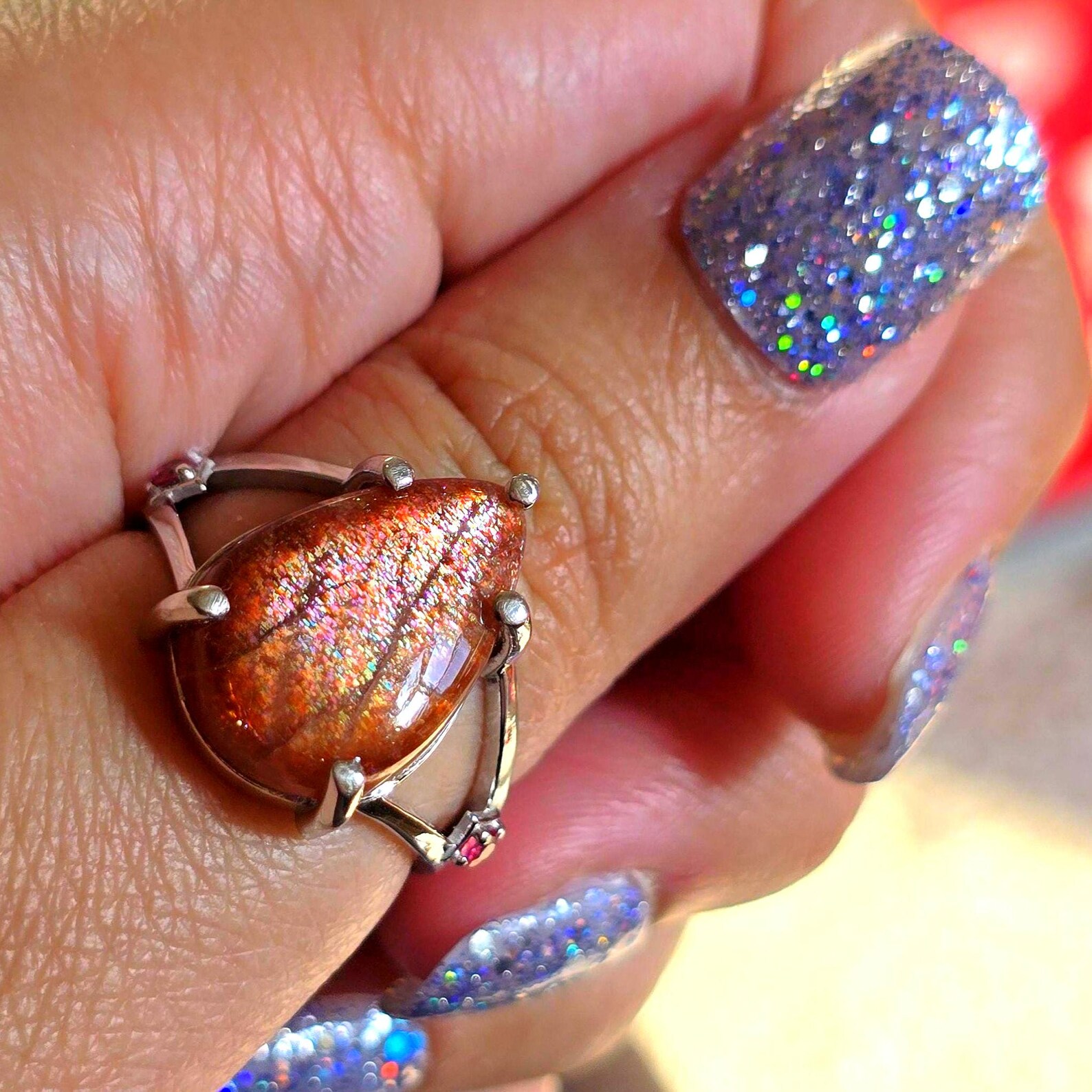 Glittery Fall - Confetti  Sunstone Rainbow lattice 925 Sterling silver ring size 9  thumbnail 6