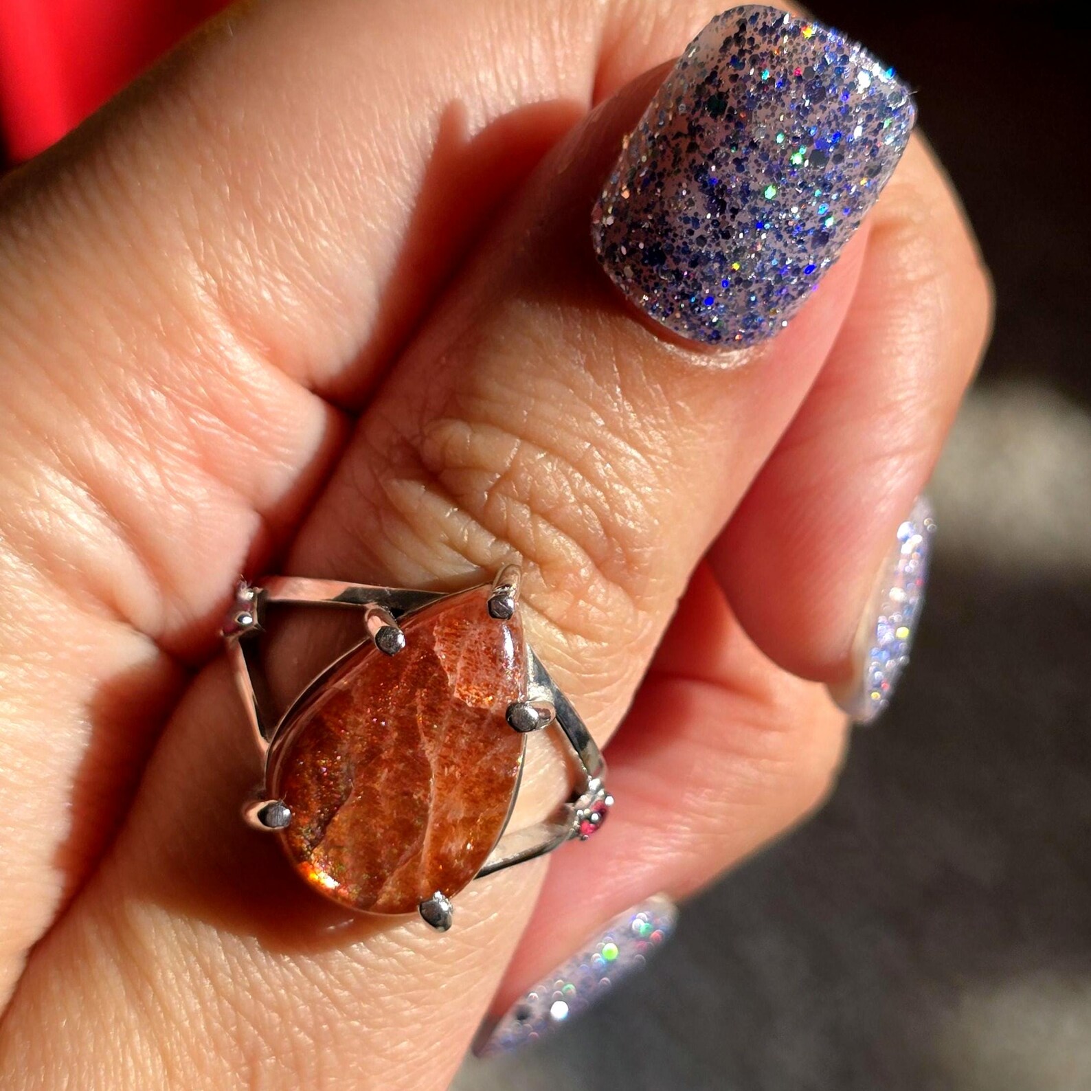 Glittery Fall - Confetti  Sunstone Rainbow lattice 925 Sterling silver ring size 9  thumbnail 8