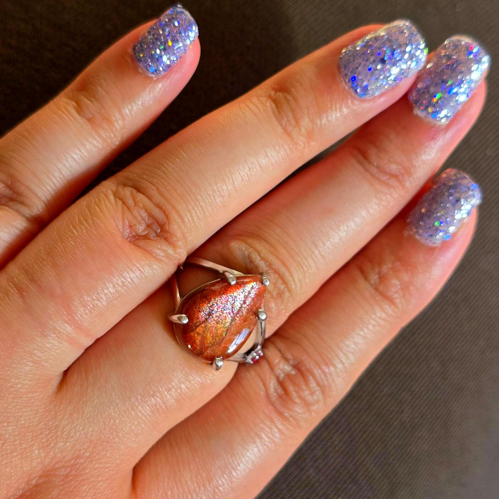 Glittery Fall - Confetti  Sunstone Rainbow lattice 925 Sterling silver ring size 9  thumbnail 9
