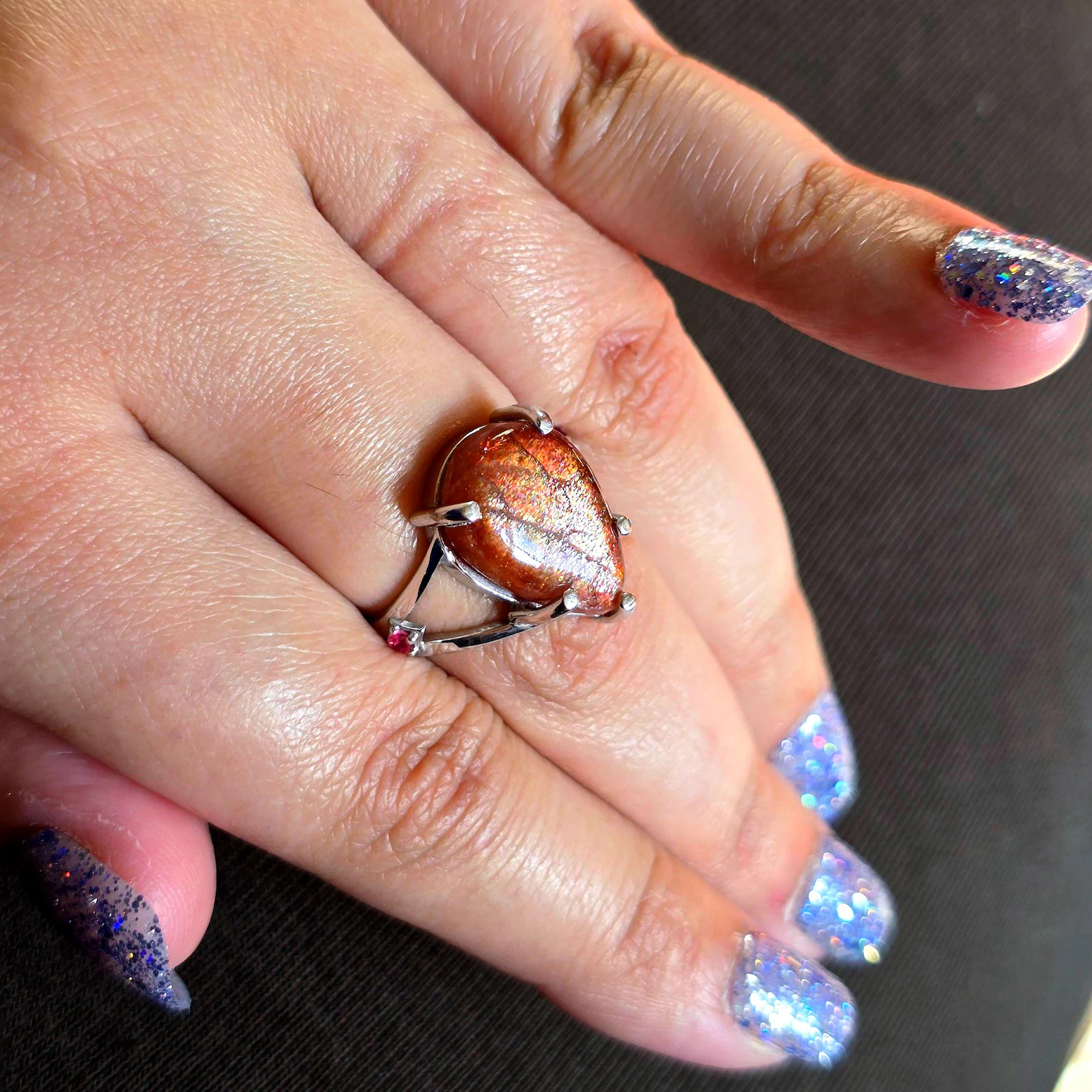 Glittery Fall - Confetti  Sunstone Rainbow lattice 925 Sterling silver ring size 9  thumbnail 10