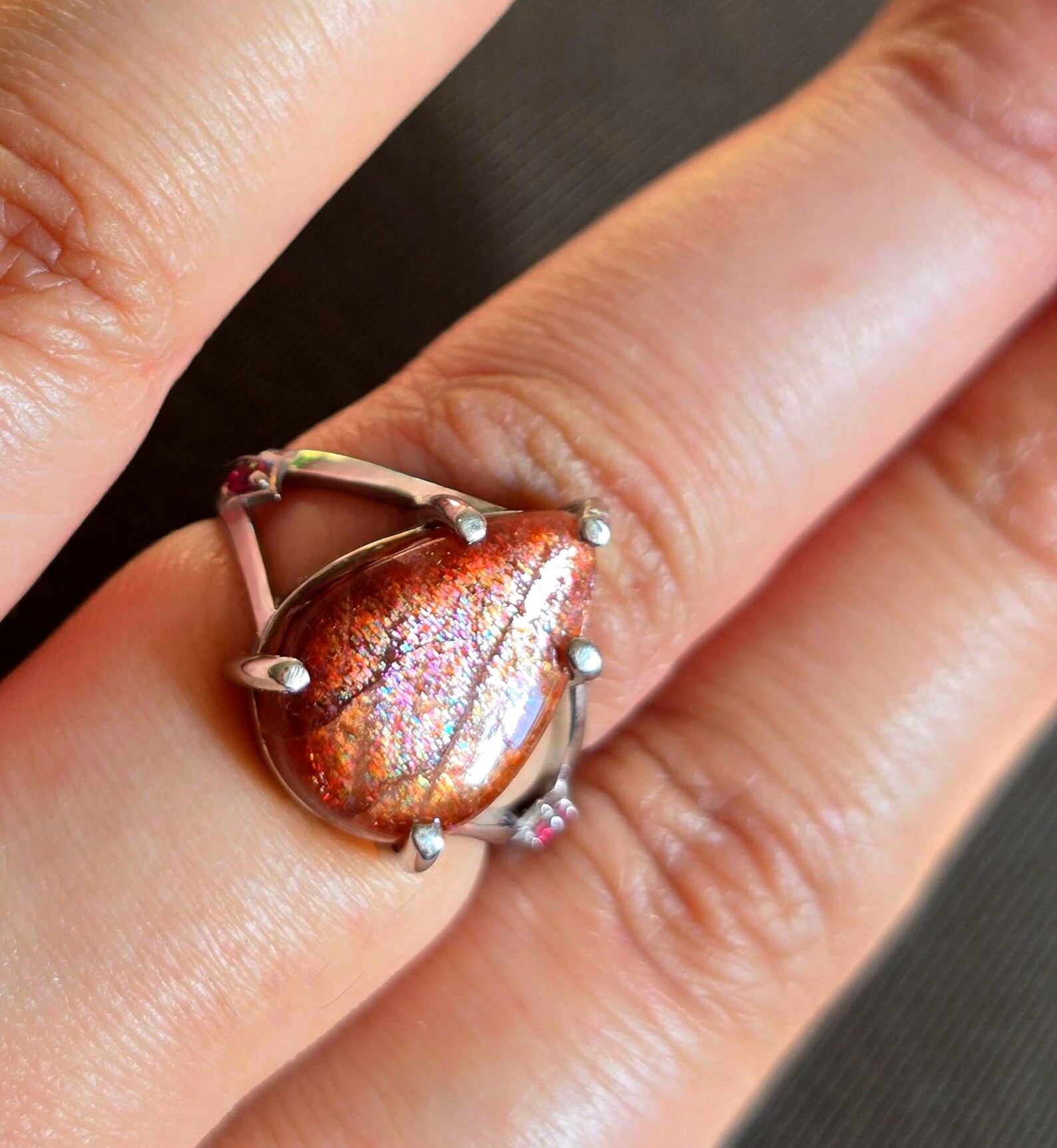 Glittery Fall - Confetti  Sunstone Rainbow lattice 925 Sterling silver ring size 9  thumbnail 11