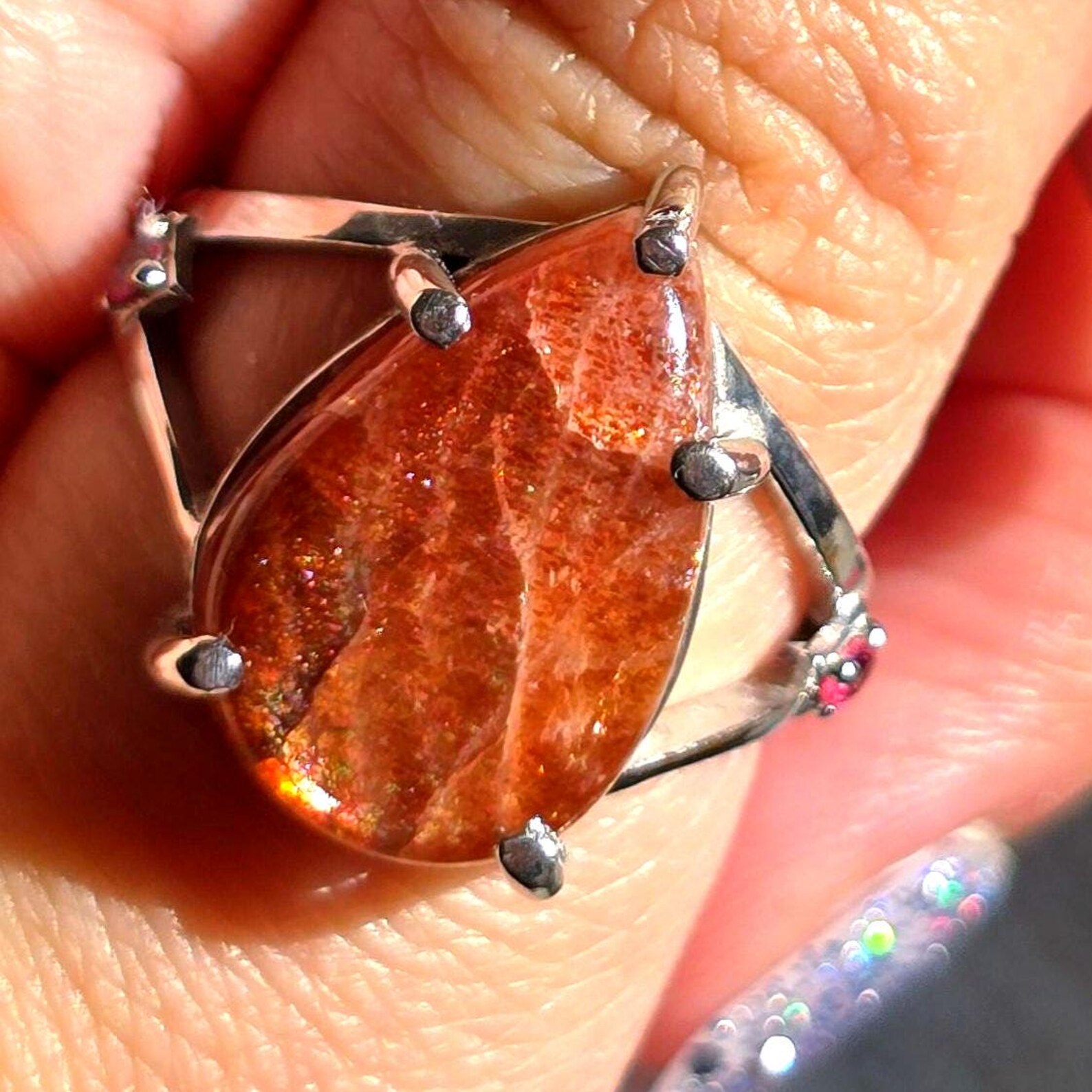 Glittery Fall - Confetti  Sunstone Rainbow lattice 925 Sterling silver ring size 9  thumbnail 12