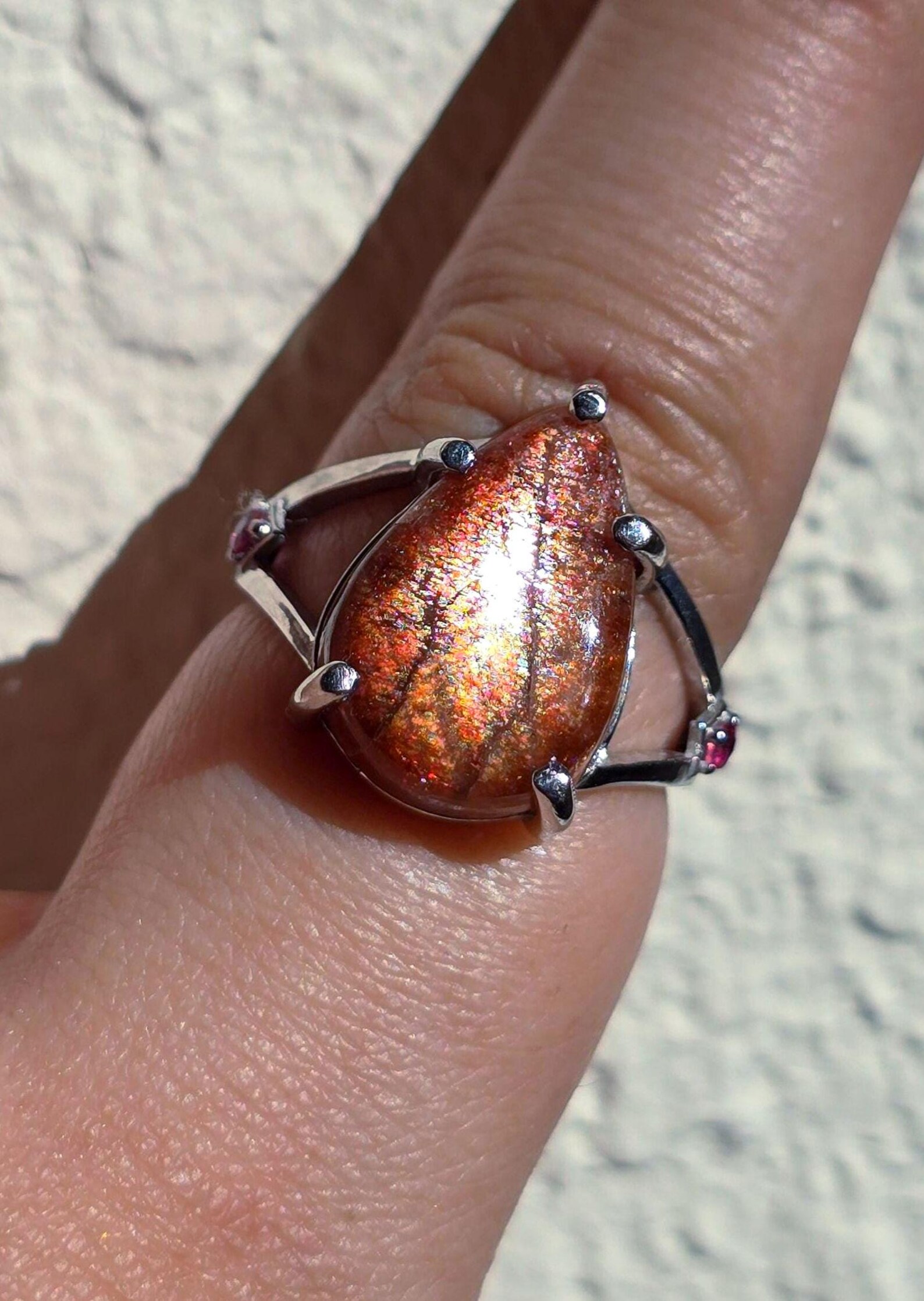 Glittery Fall - Confetti  Sunstone Rainbow lattice 925 Sterling silver ring size 9  thumbnail 13