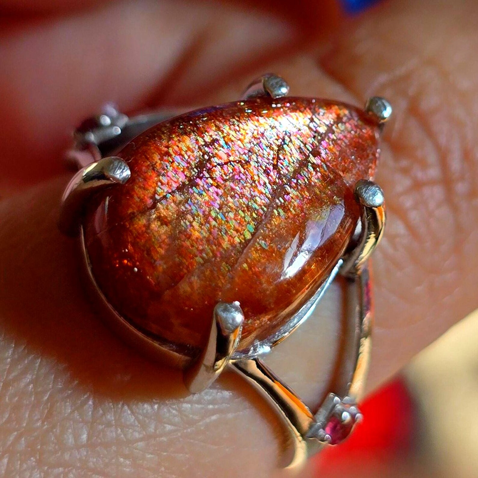 Glittery Fall - Confetti  Sunstone Rainbow lattice 925 Sterling silver ring size 9  thumbnail 14