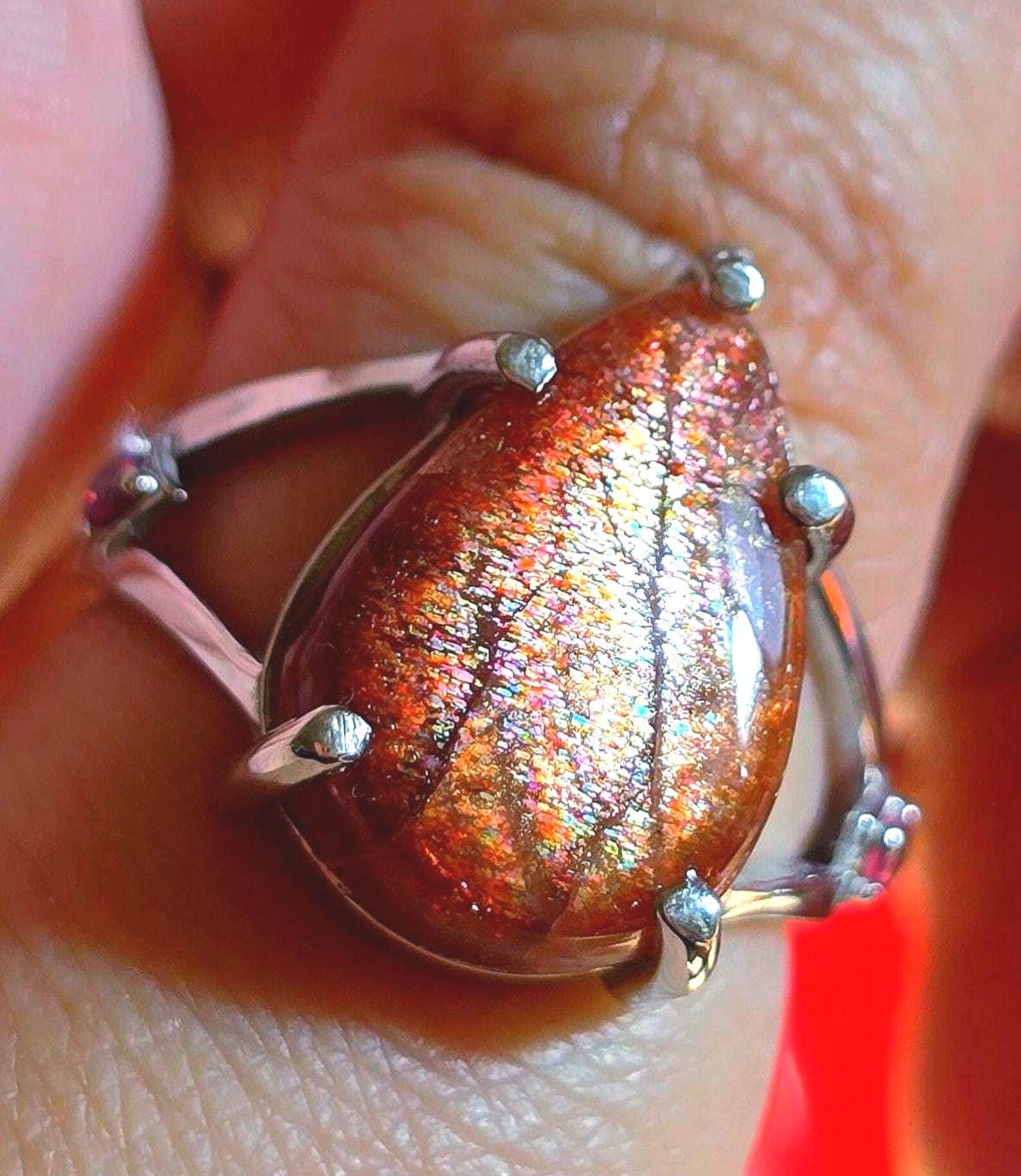 Glittery Fall - Confetti  Sunstone Rainbow lattice 925 Sterling silver ring size 9  thumbnail 15