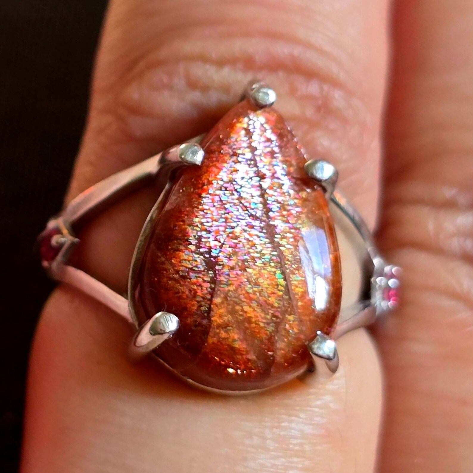 Glittery Fall - Confetti  Sunstone Rainbow lattice 925 Sterling silver ring size 9  thumbnail 16