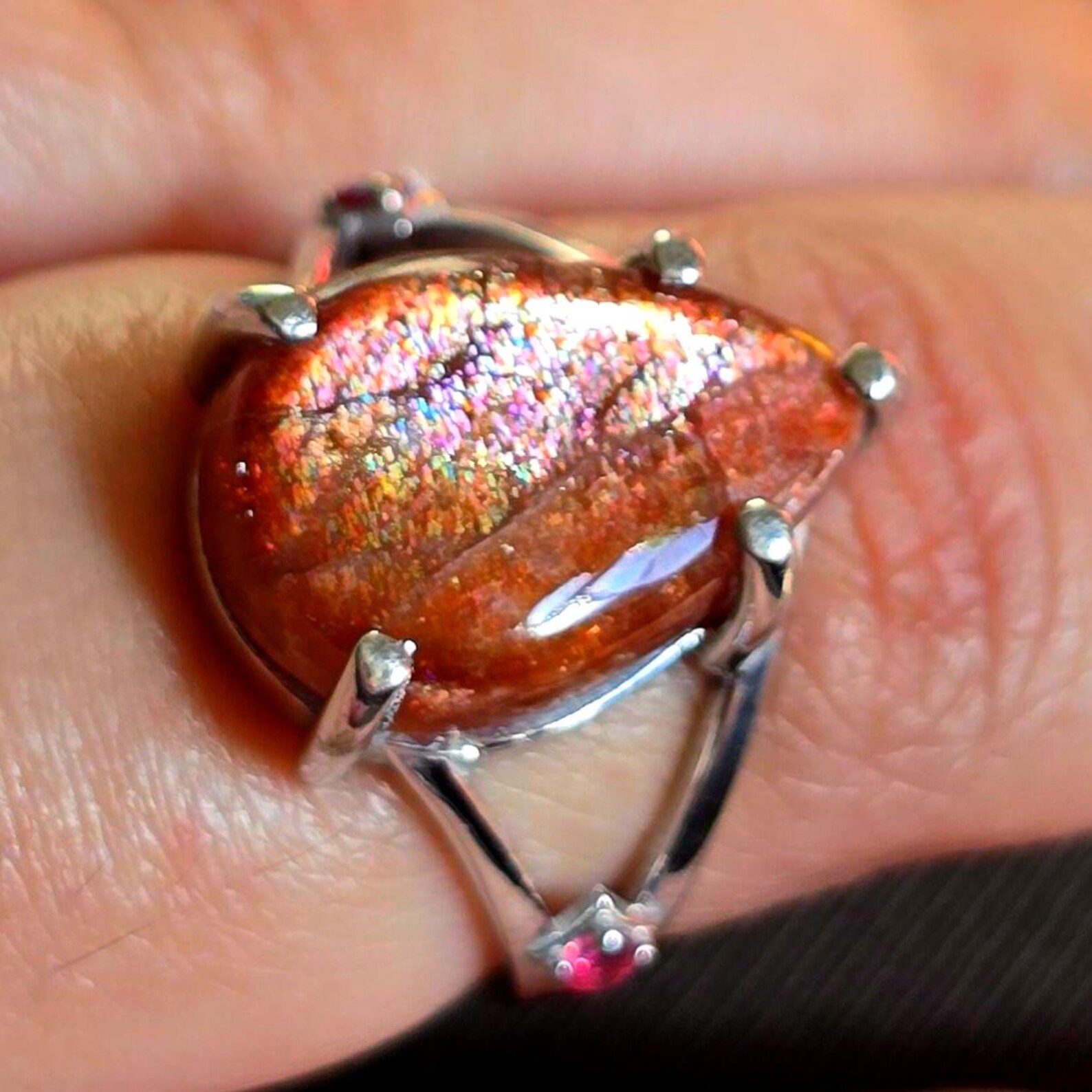 Glittery Fall - Confetti  Sunstone Rainbow lattice 925 Sterling silver ring size 9  thumbnail 17
