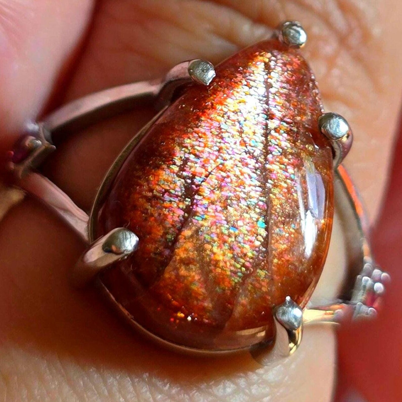 Glittery Fall - Confetti  Sunstone Rainbow lattice 925 Sterling silver ring size 9  thumbnail 19