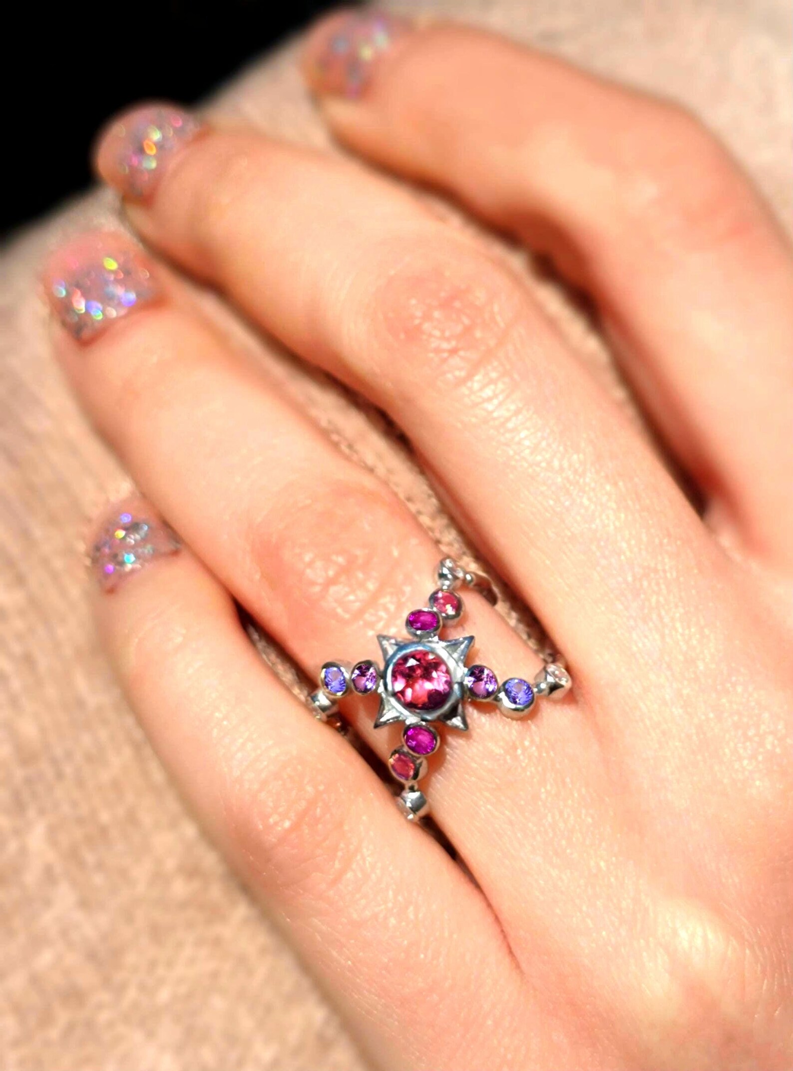 Celestial highness - Custom Natural Pink Tourmaline Ring, 925 Silver, Sapphire  thumbnail 4
