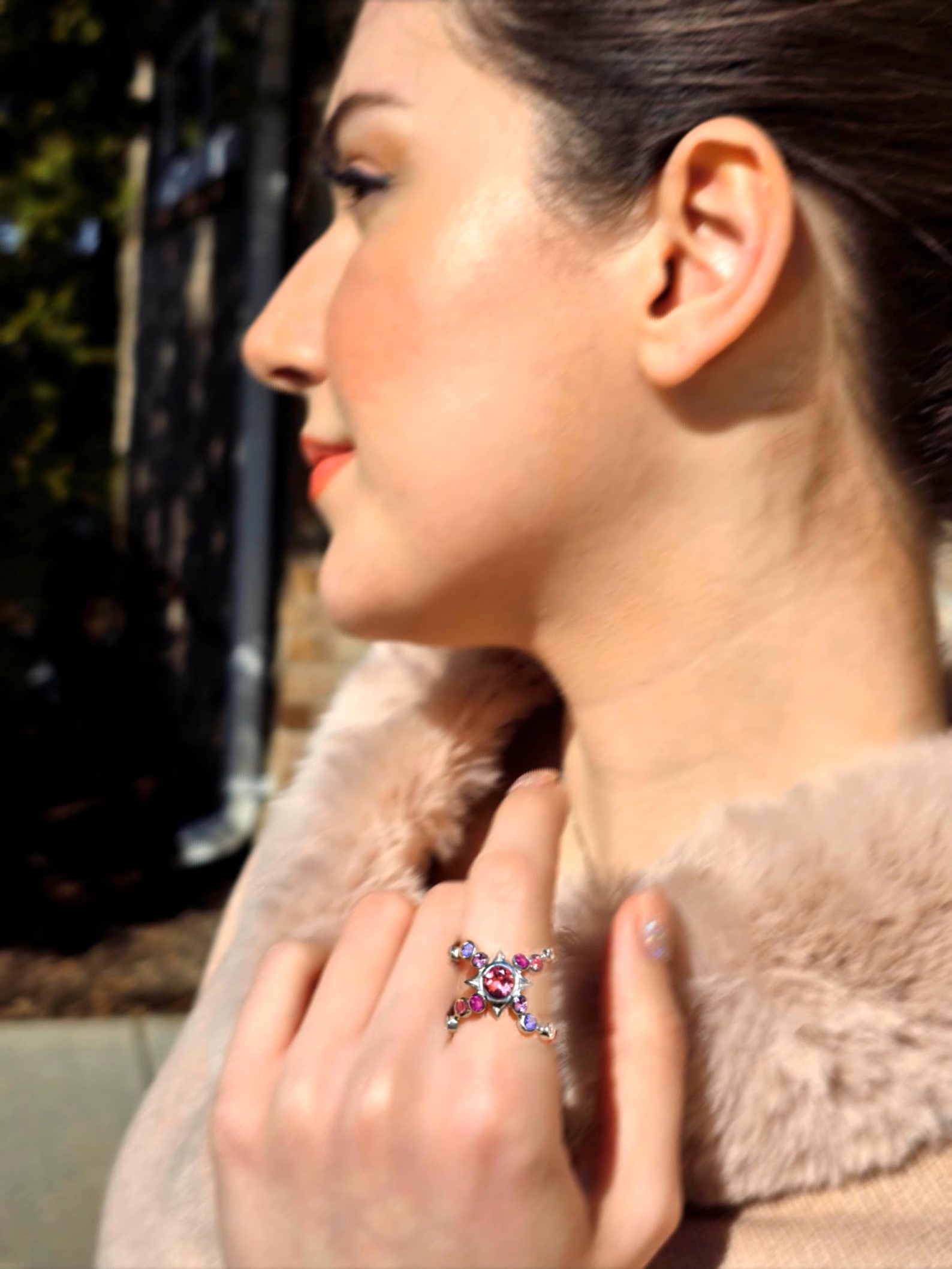 Celestial highness - Custom Natural Pink Tourmaline Ring, 925 Silver, Sapphire  thumbnail 3