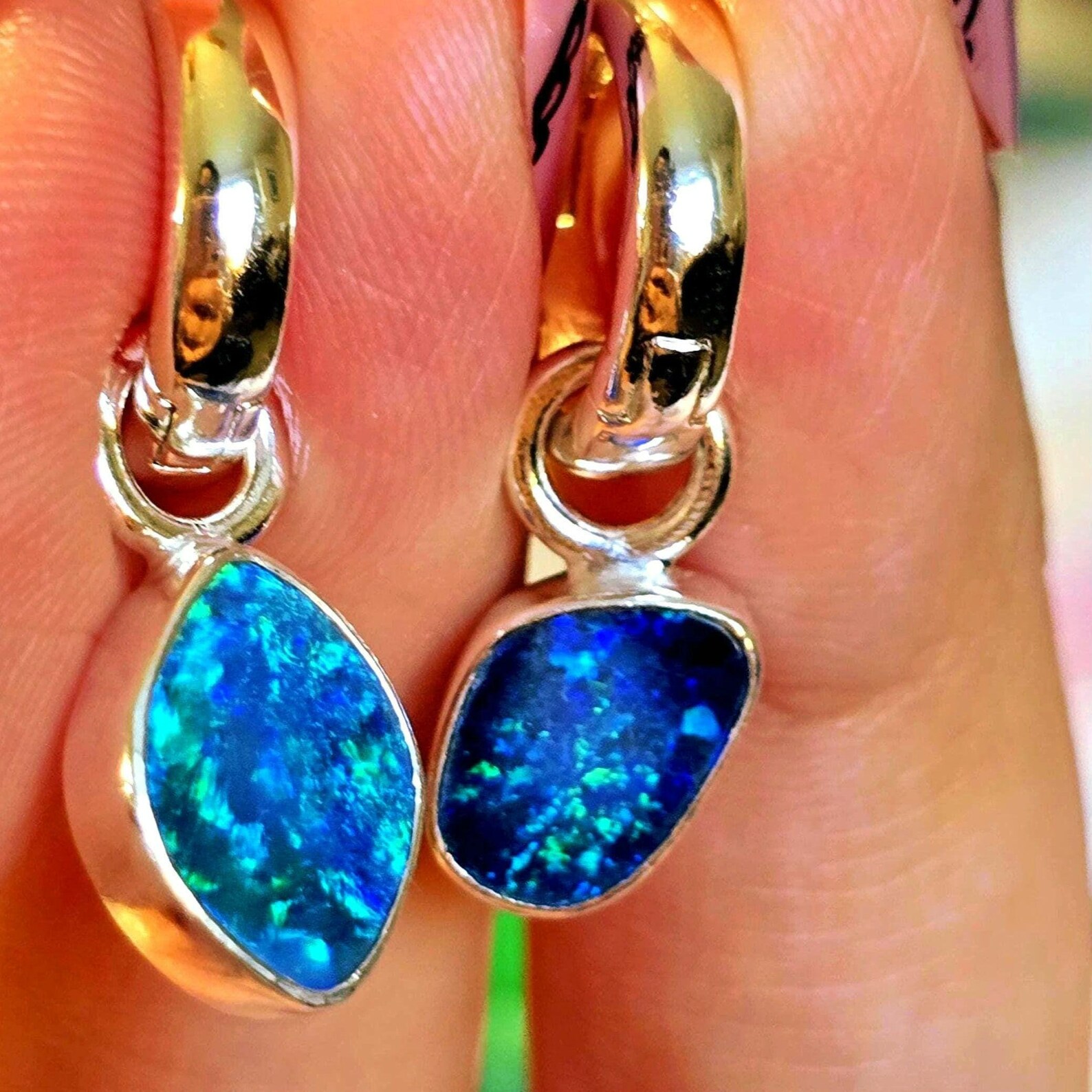 Natural Australian Opal Hoops 925 sterling silver 31