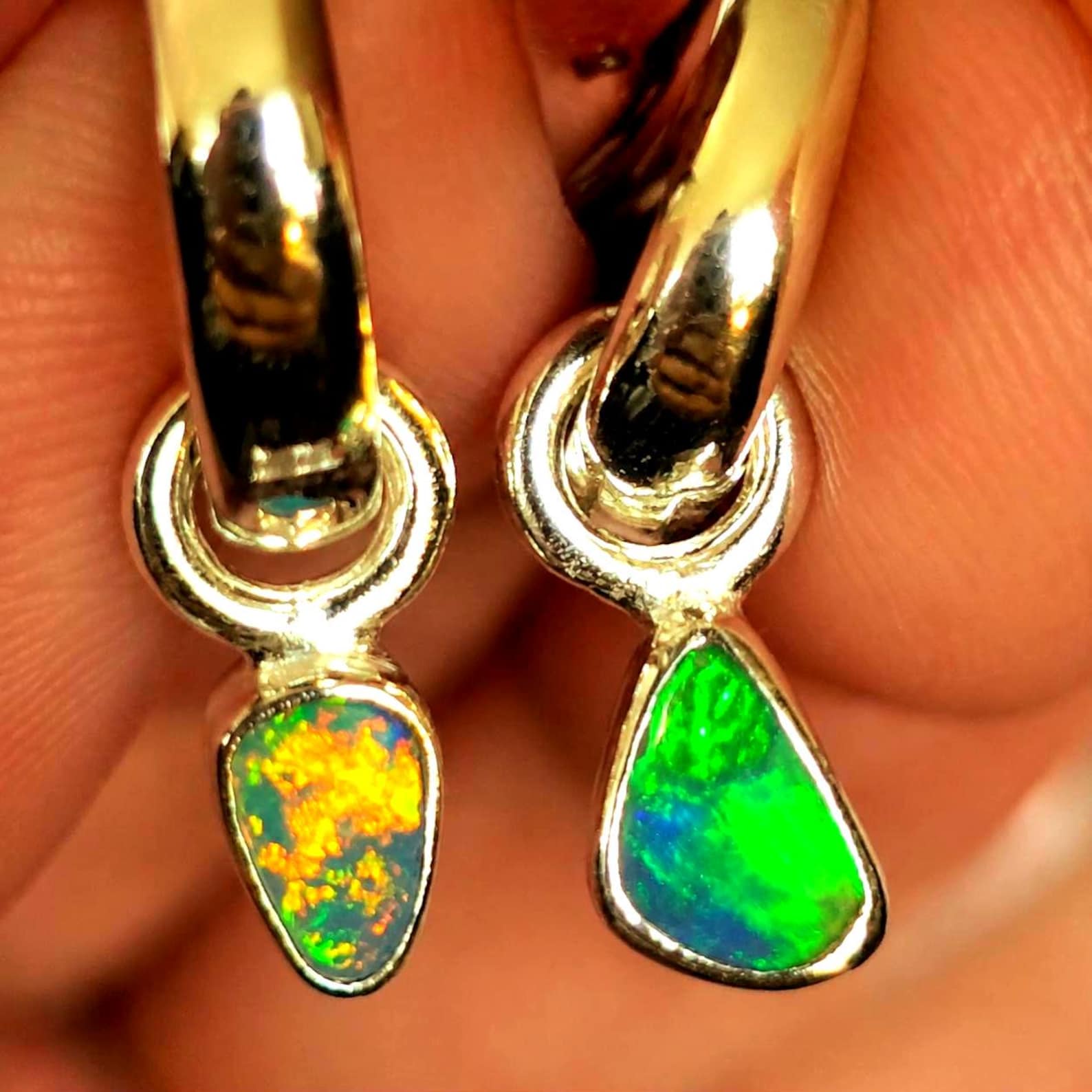 Natural Australian Opal Hoops 925 sterling silver 6