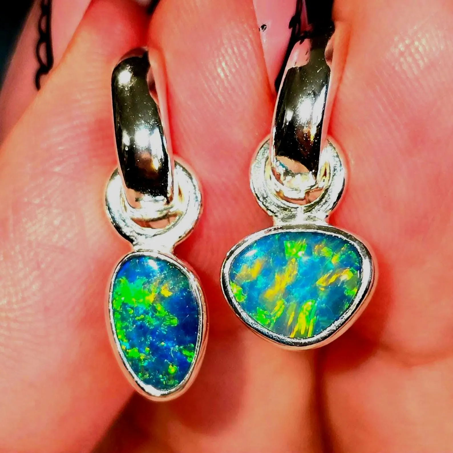 Natural Australian Opal Hoops 925 sterling silver 9