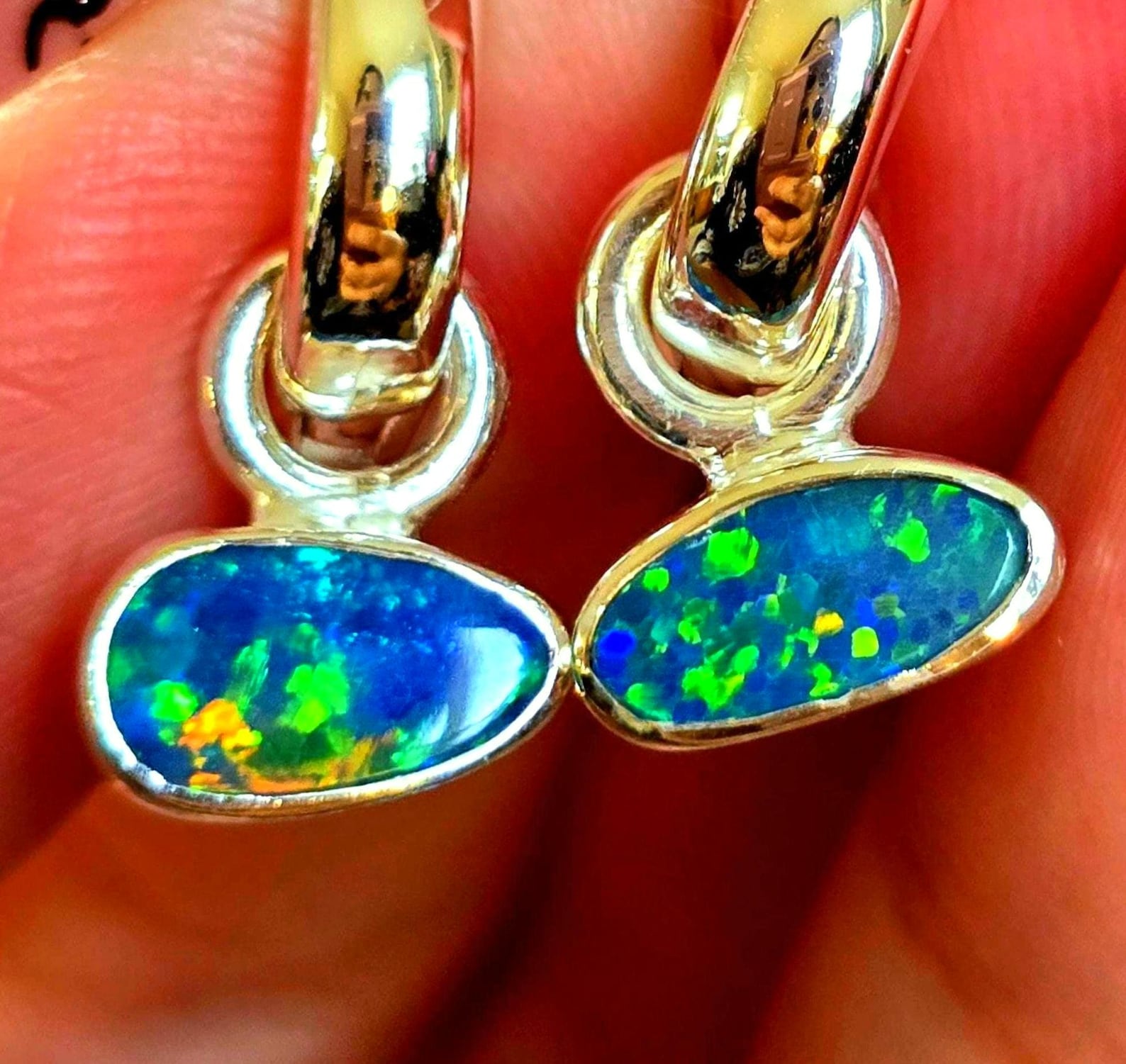 Natural Australian Opal Hoops 925 sterling silver 7