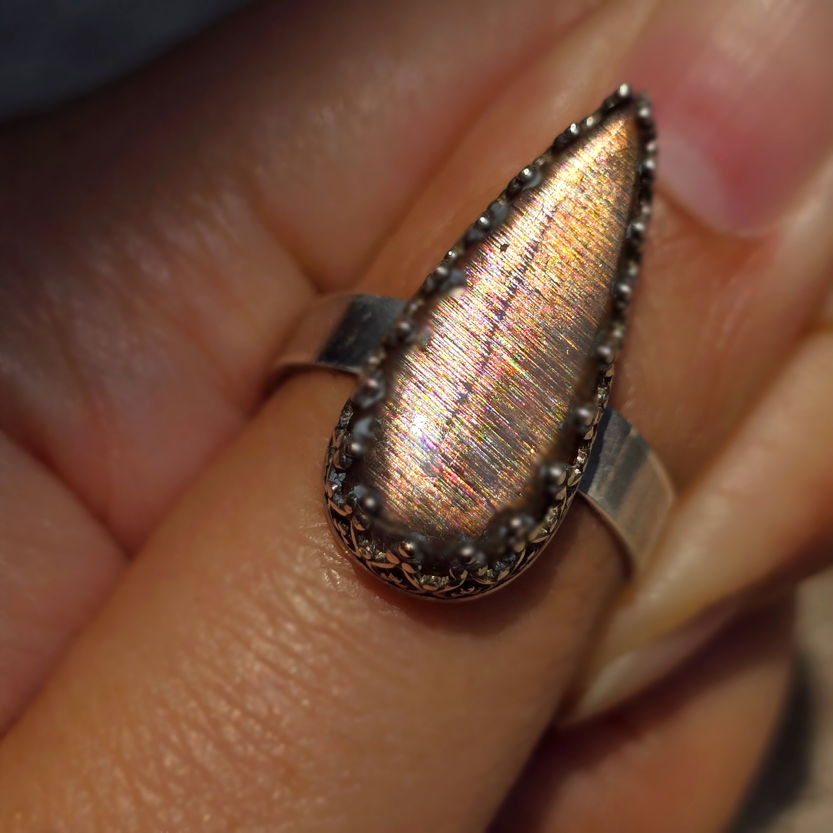 Gold Sunstone Ring 925 Sterling Silver 14