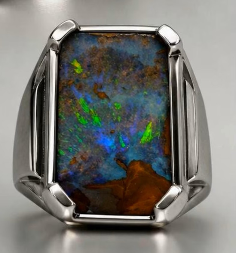 Natural Australian Boulder Opal RING for Men,  925 Silver  thumbnail 5