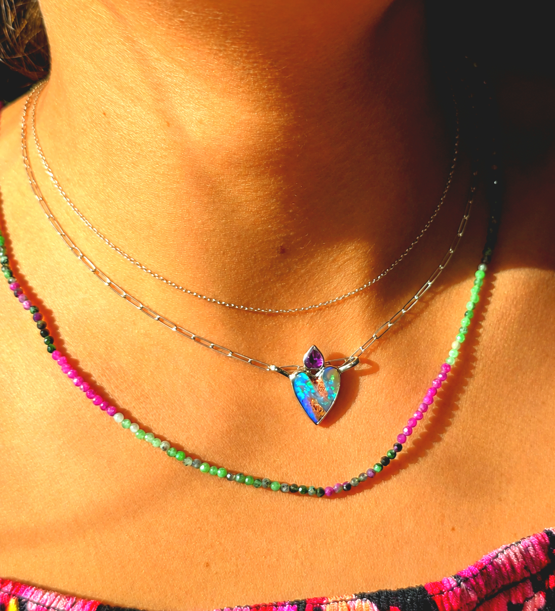 Natural Australian Opal Heart Necklace Silver 925, Purple Tourmaline, Genuine Blue Pipe Boulder Opal Pendant thumbnail 3