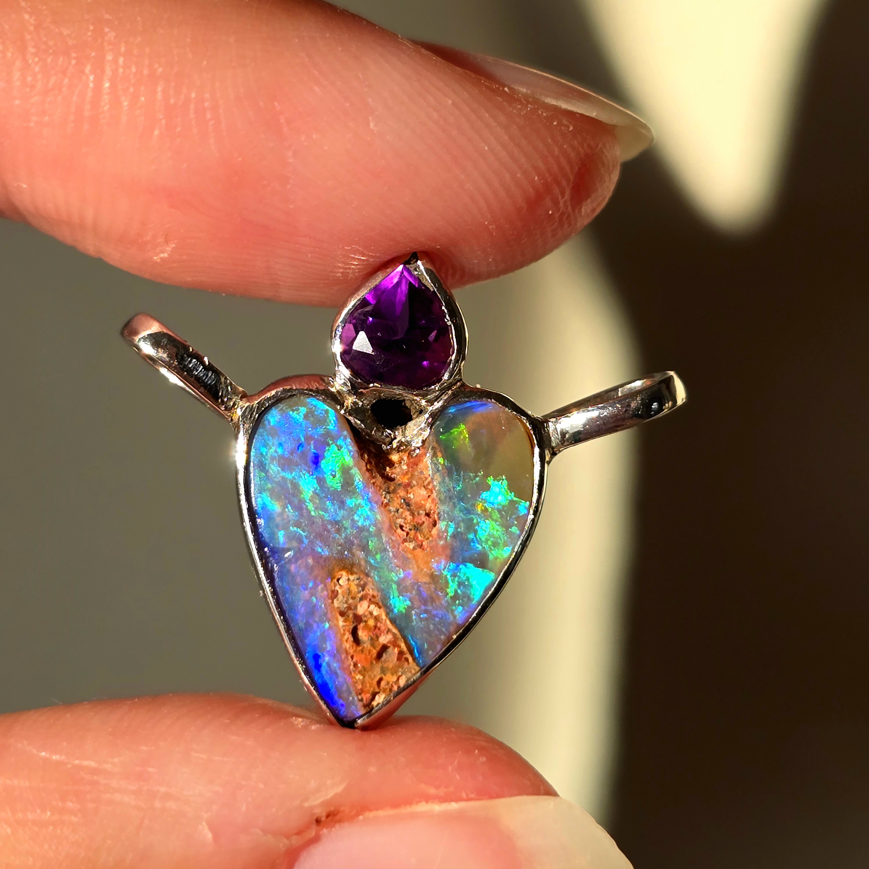 Natural Australian Opal Heart Necklace Silver 925, Purple Tourmaline, Genuine Blue Pipe Boulder Opal Pendant thumbnail 4