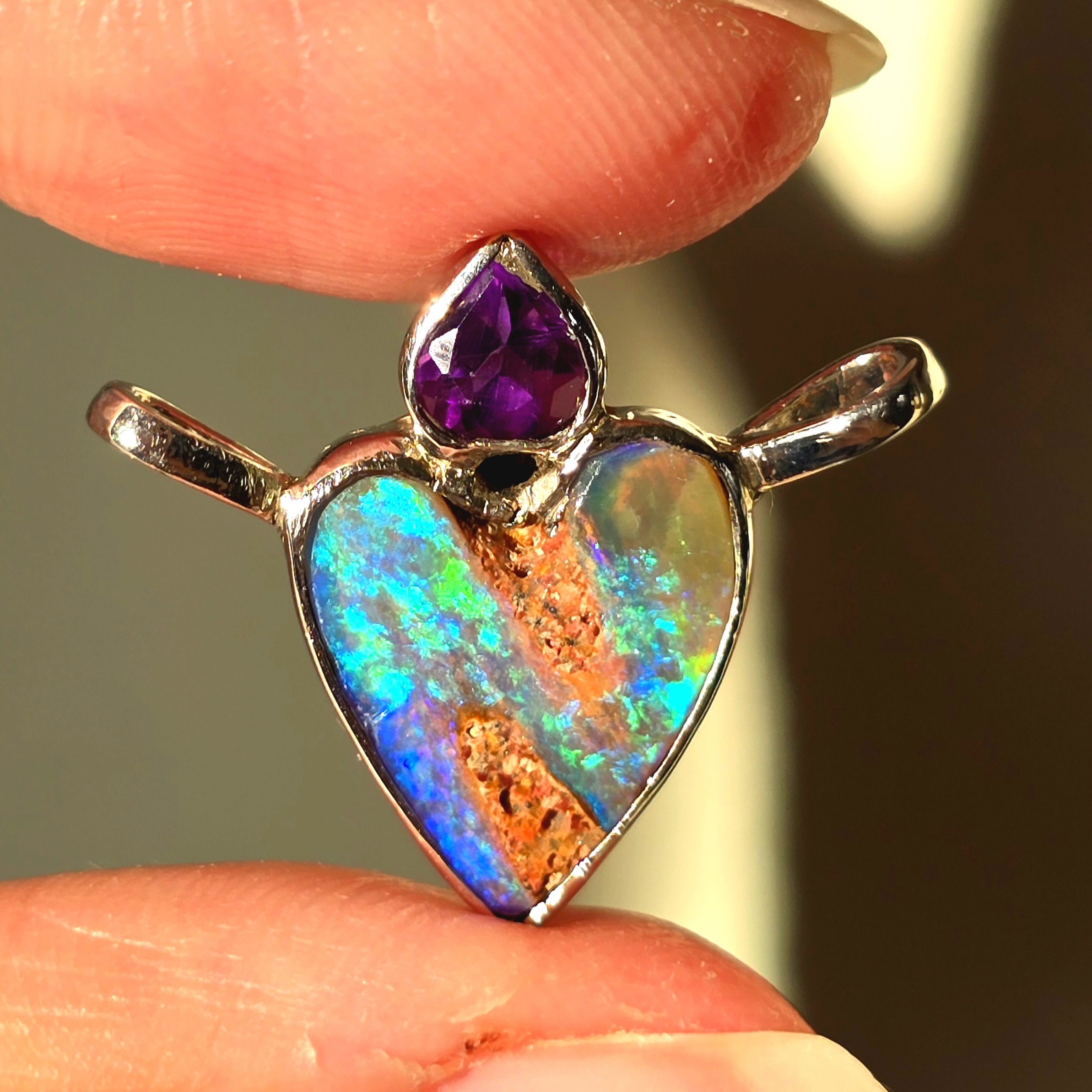 Natural Australian Opal Heart Necklace Silver 925, Purple Tourmaline, Genuine Blue Pipe Boulder Opal Pendant thumbnail 14