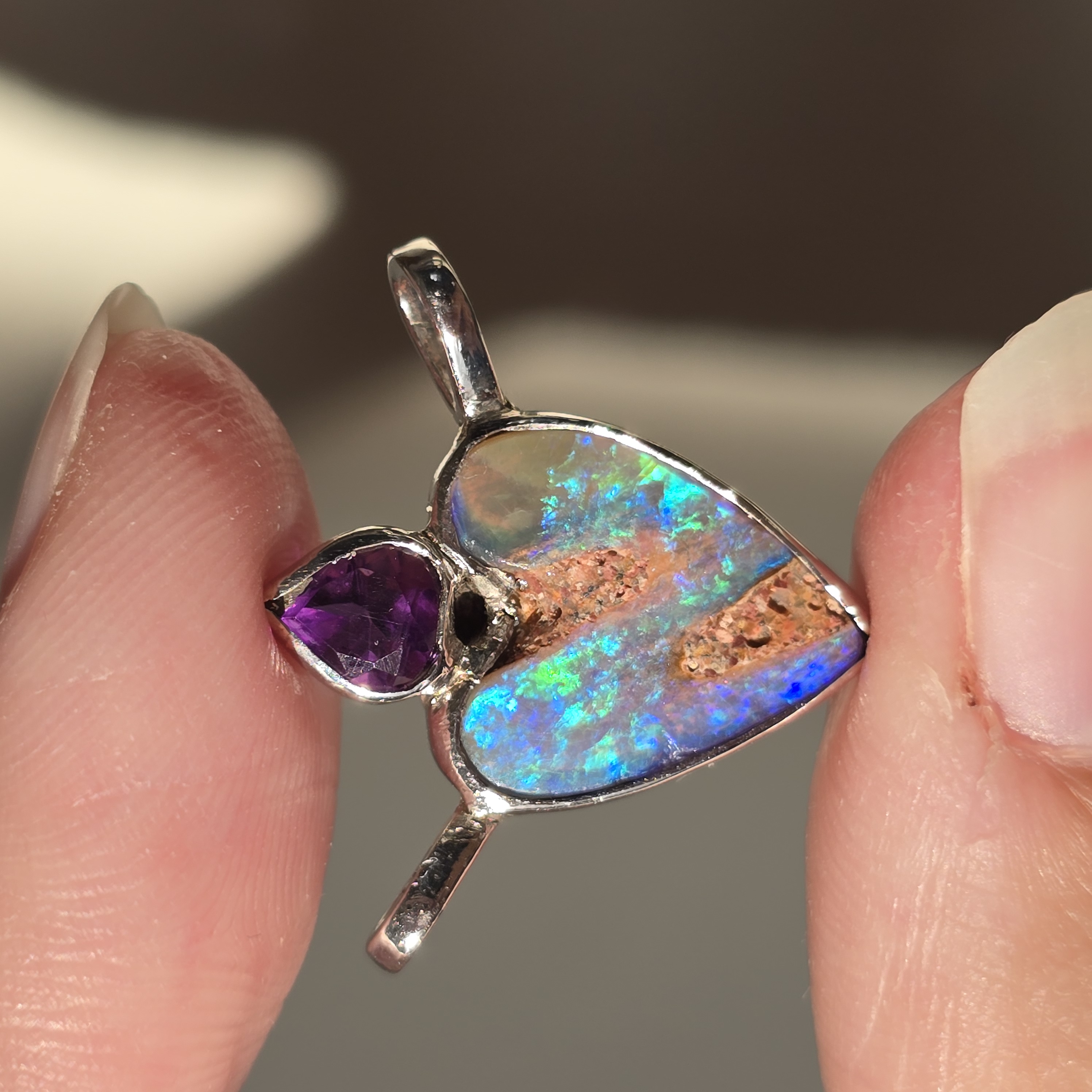Natural Australian Opal Heart Necklace Silver 925, Purple Tourmaline, Genuine Blue Pipe Boulder Opal Pendant thumbnail 12