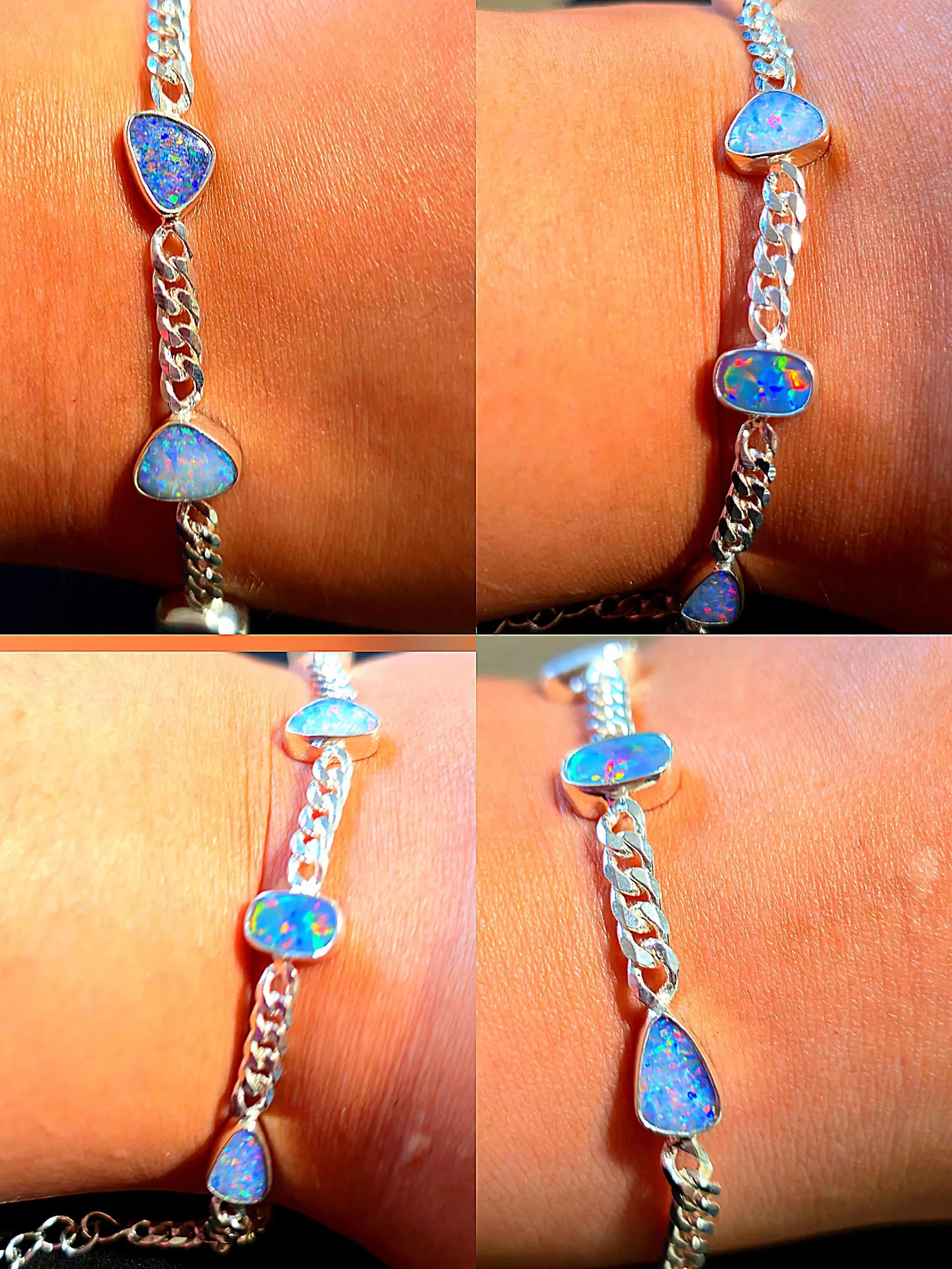Rainbow - Australian Opal Bracelet 925 sterling silver Curb Chain  thumbnail 3
