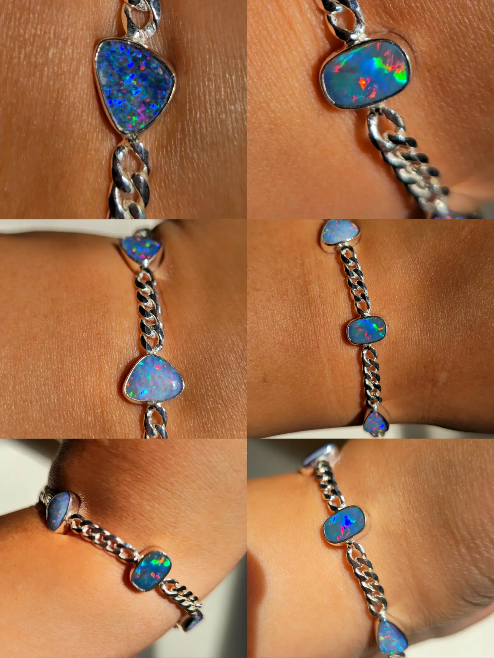 Rainbow - Australian Opal Bracelet 925 sterling silver Curb Chain  thumbnail 4