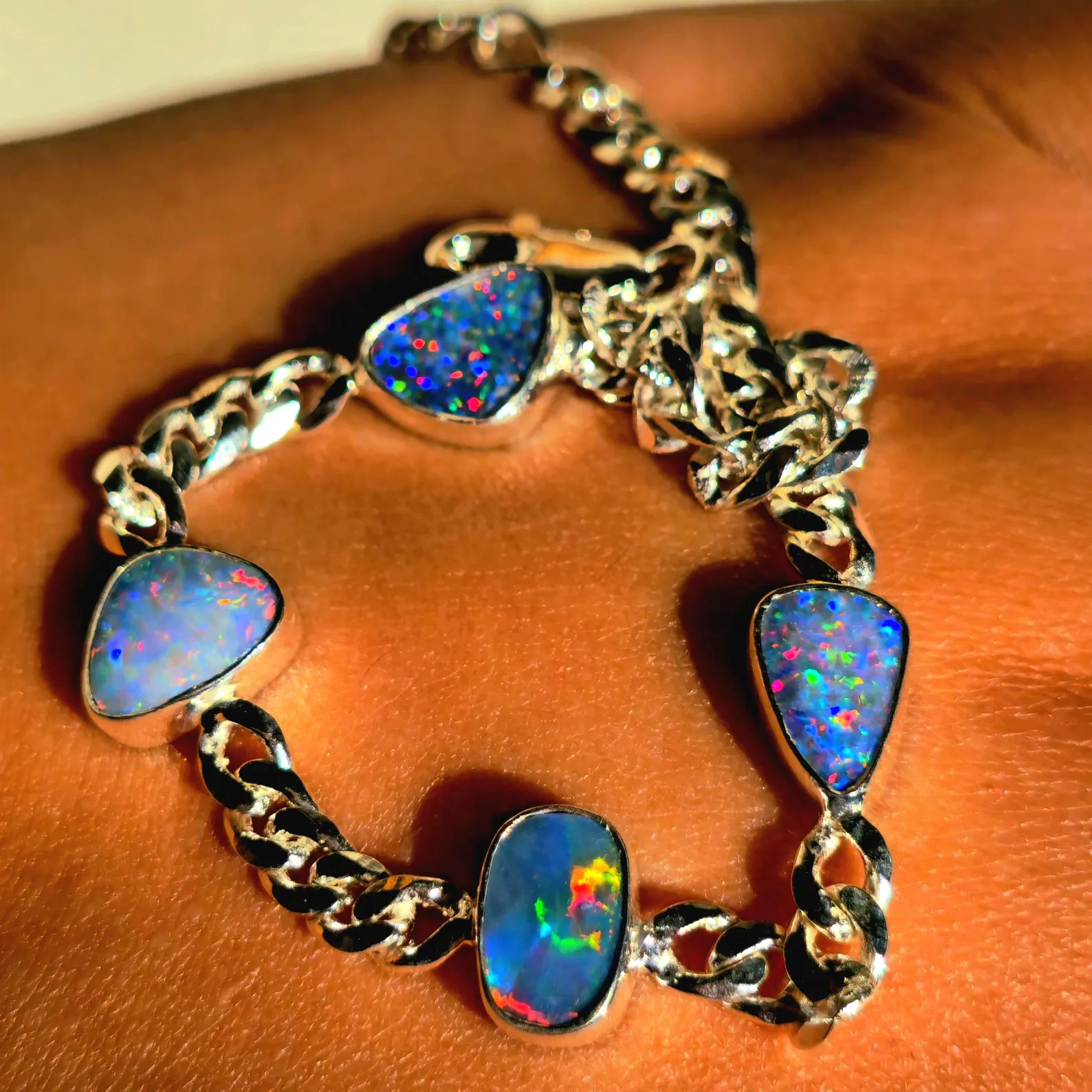 Rainbow - Australian Opal Bracelet 925 sterling silver Curb Chain 