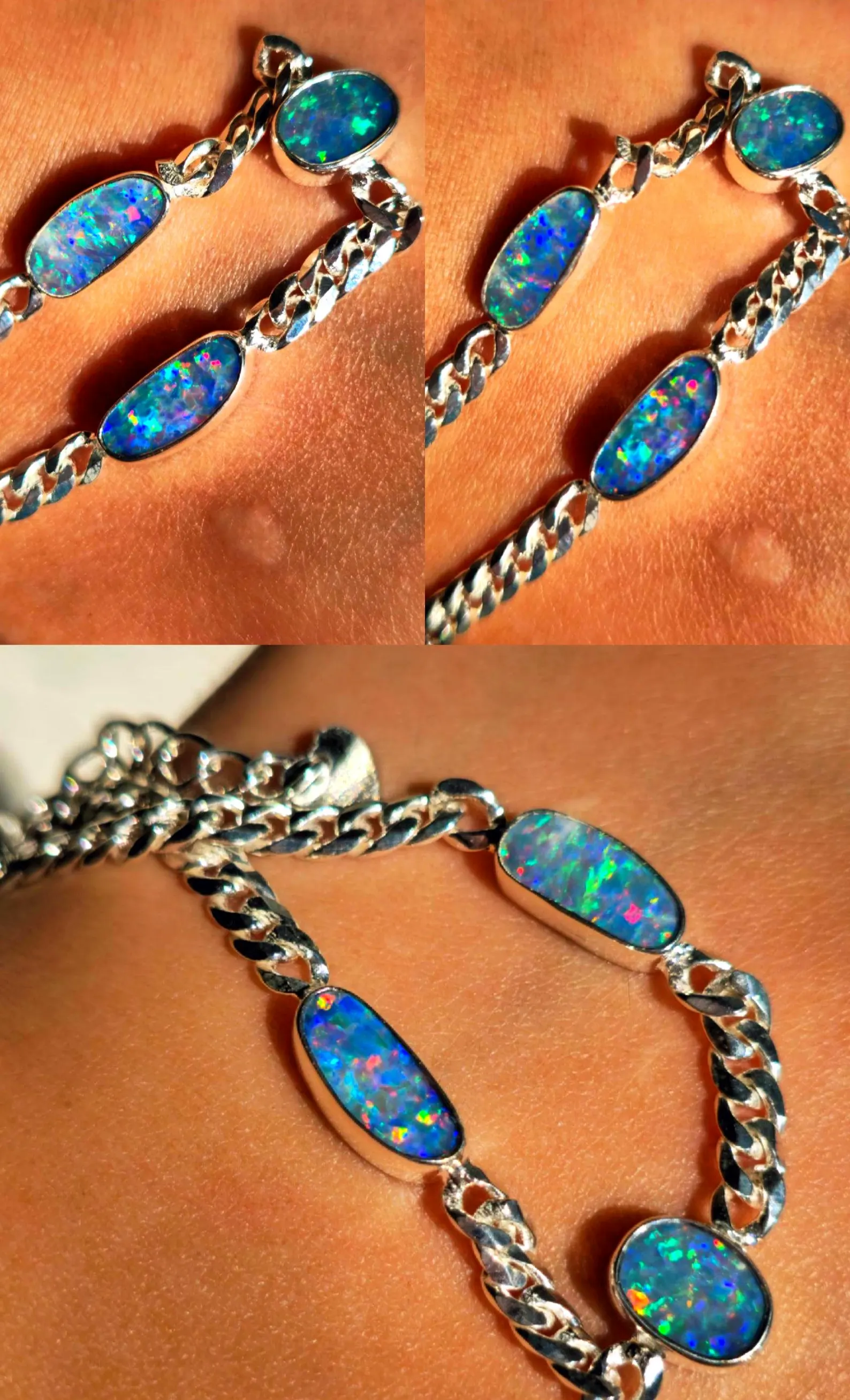 Purple . Australian Opal Bracelet 925 sterling silver Curb Chain  thumbnail 2