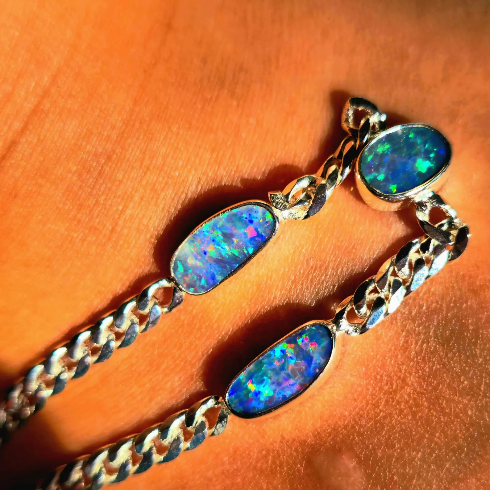 Purple . Australian Opal Bracelet 925 sterling silver Curb Chain 