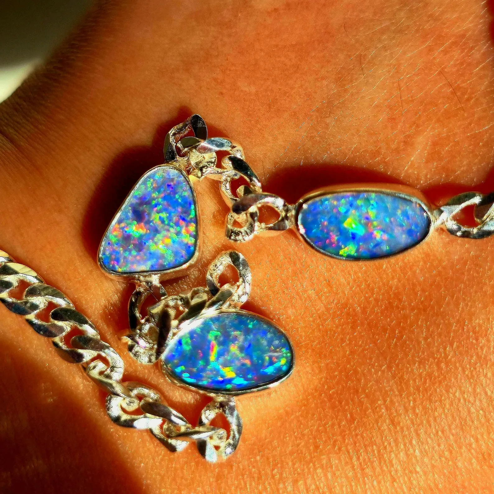 Australian Opal Bracelet 925 sterling silver Curb Chain -6