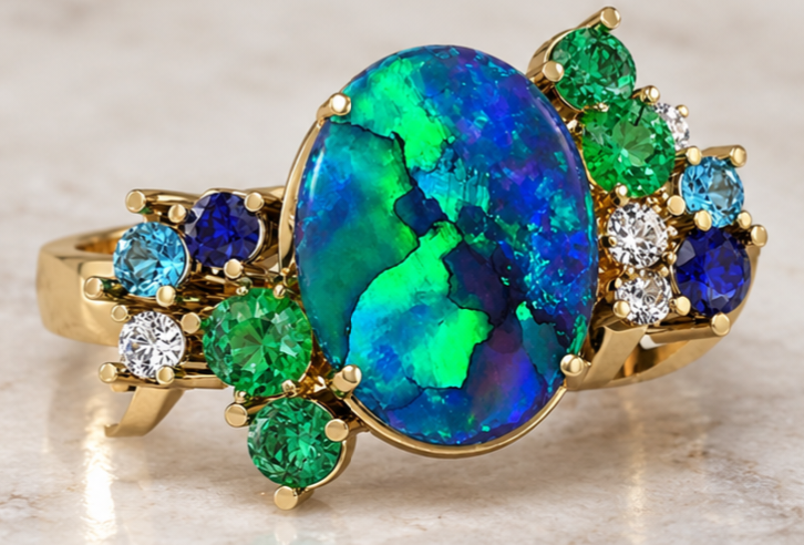 NEON CLUSTER - CUSTOM NEON Natural Australian Black Opal Ring Solid Gold, thumbnail 4