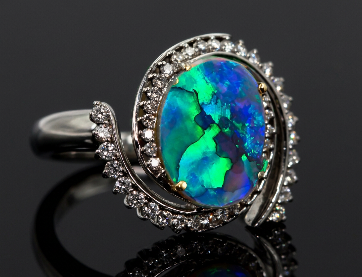 NEON CLUSTER - CUSTOM NEON Natural Australian Black Opal Ring Solid Gold, thumbnail 3