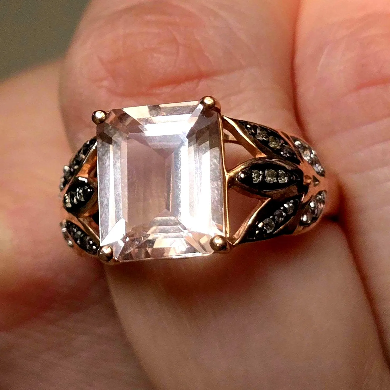 10k Solid Rose Gold Pink Tourmaline ring size 7, Moissanite, Estate Le vian style, Refurbished