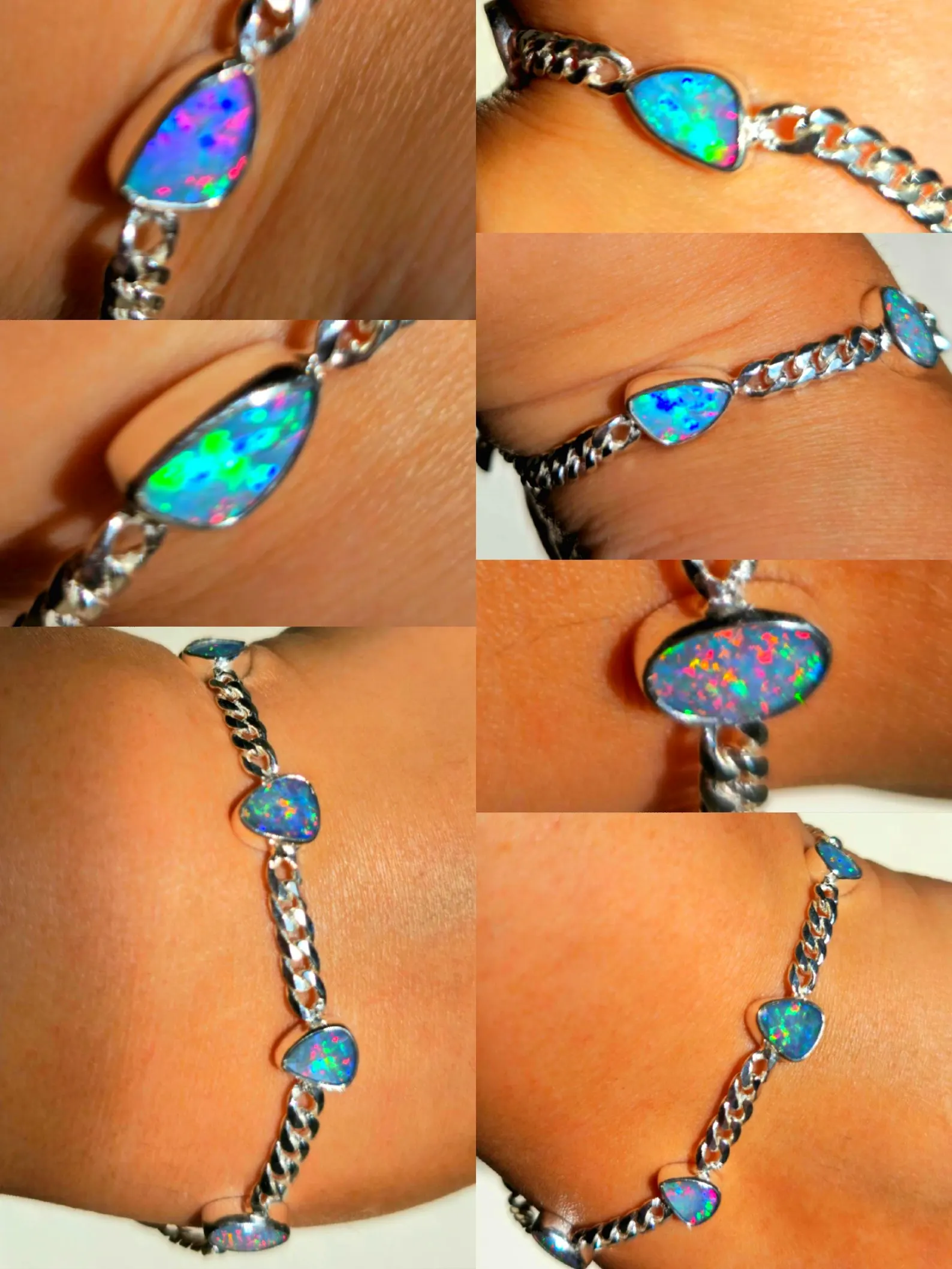 Australian Opal Bracelet 925 sterling silver Curb Chain 4 thumbnail 3