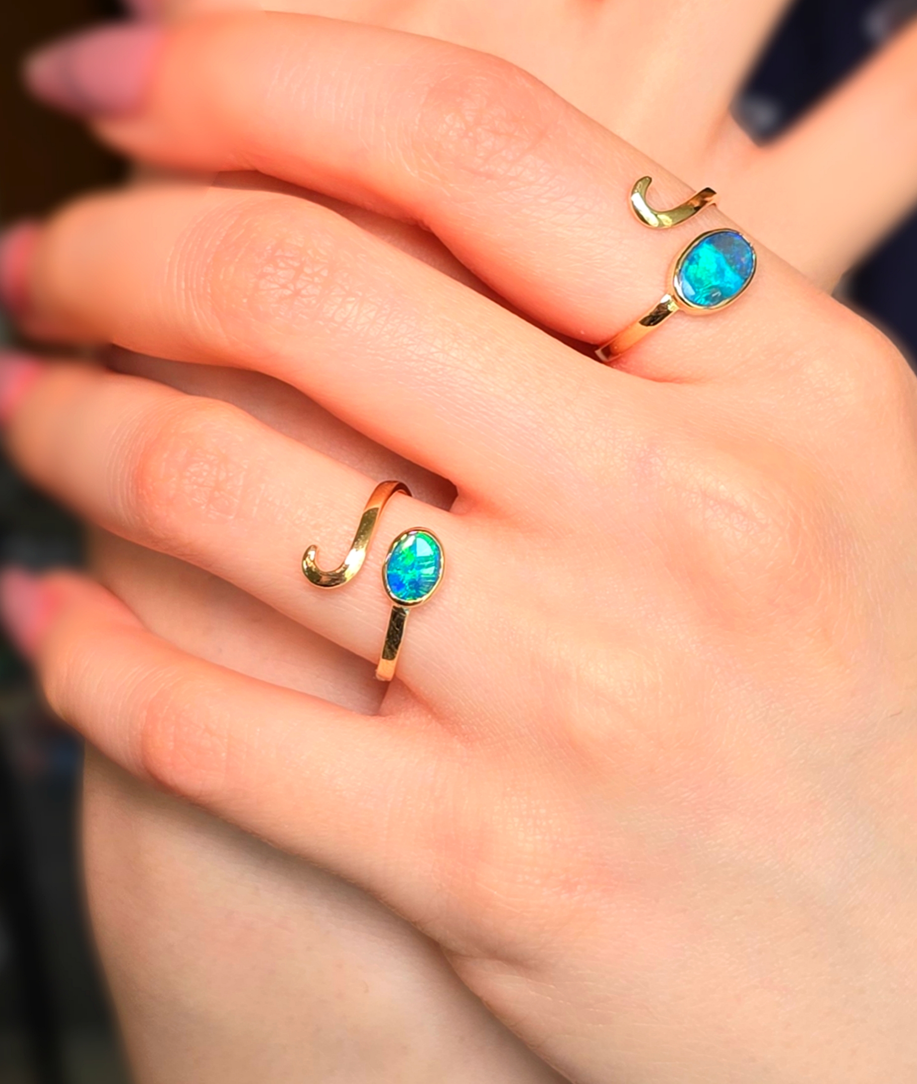MIRACLE - NEON Solid 10k Gold Natural Australian Black Opal Snake Ring thumbnail 4
