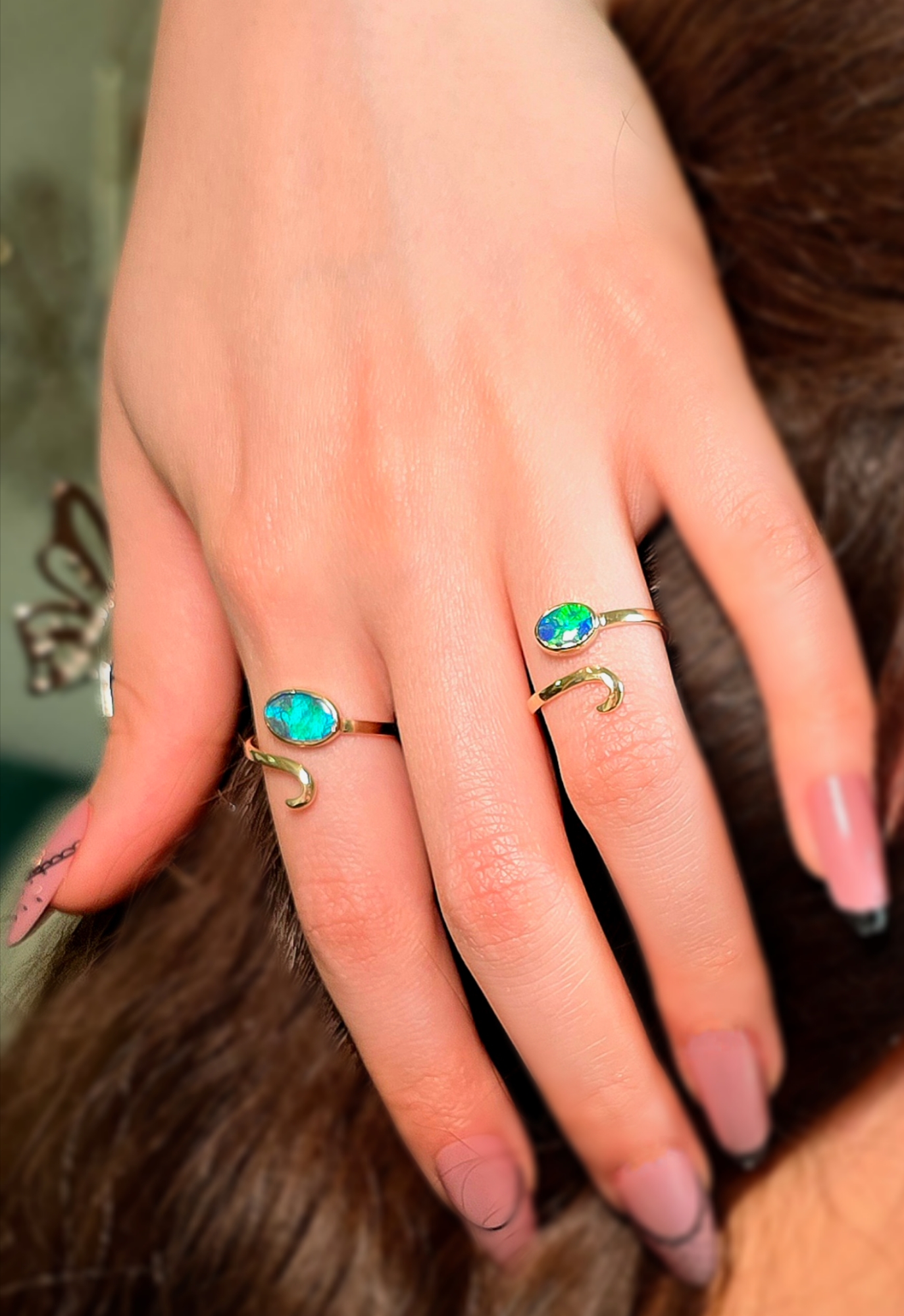 MIRACLE - NEON Solid 10k Gold Natural Australian Black Opal Snake Ring thumbnail 10