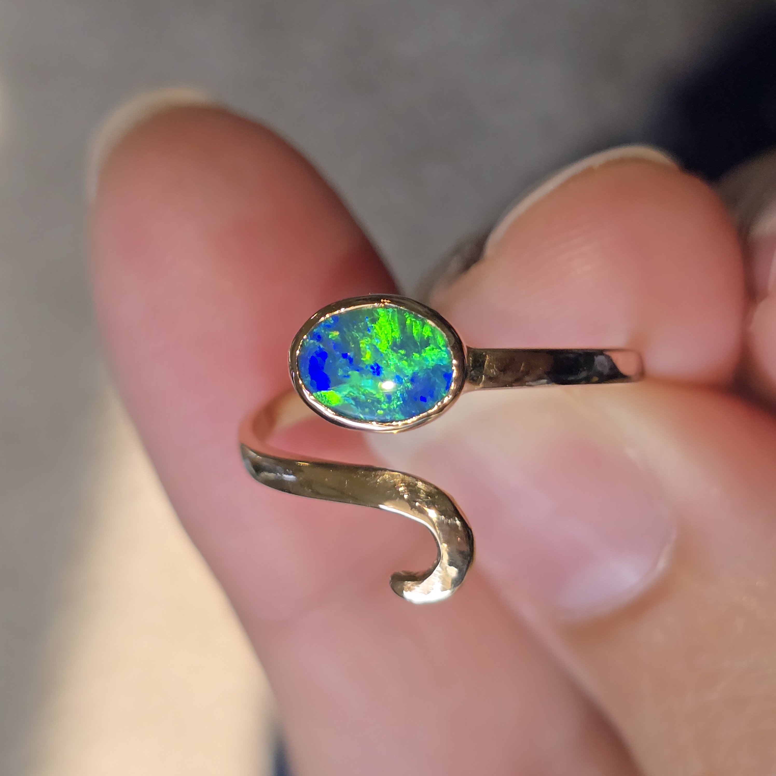 MIRACLE - NEON Solid 10k Gold Natural Australian Black Opal Snake Ring thumbnail 14