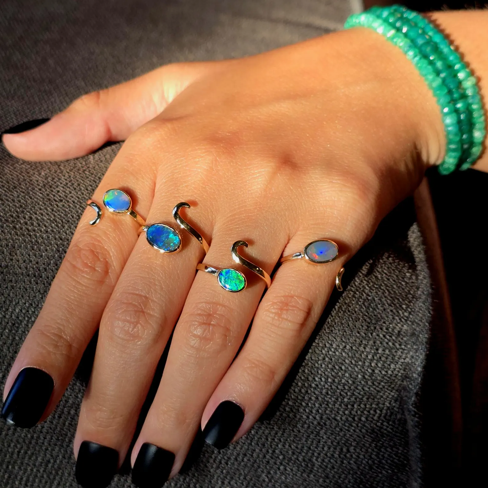 MIRACLE - NEON Solid 10k Gold Natural Australian Black Opal Snake Ring thumbnail 8