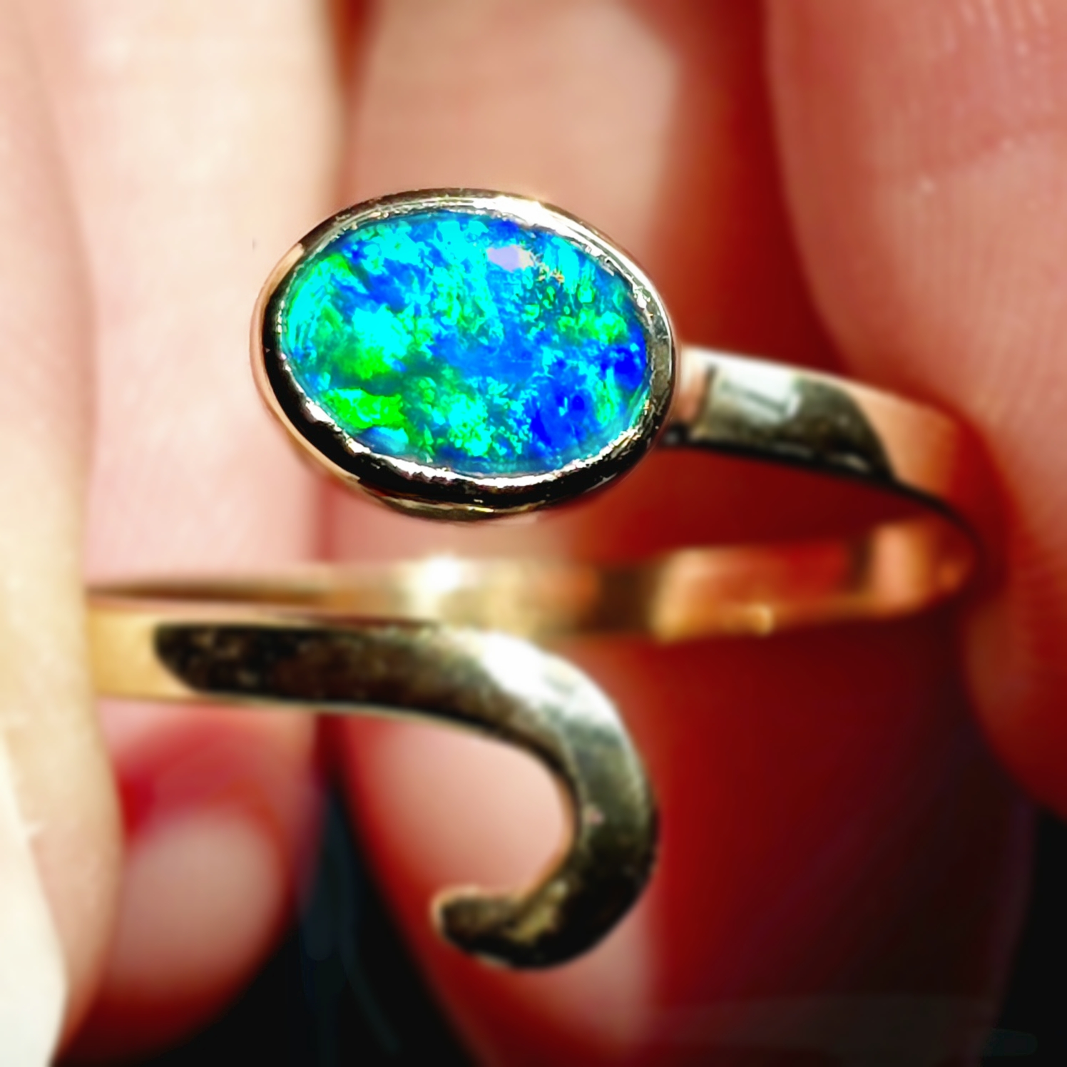 MIRACLE - NEON Solid 10k Gold Natural Australian Black Opal Snake Ring