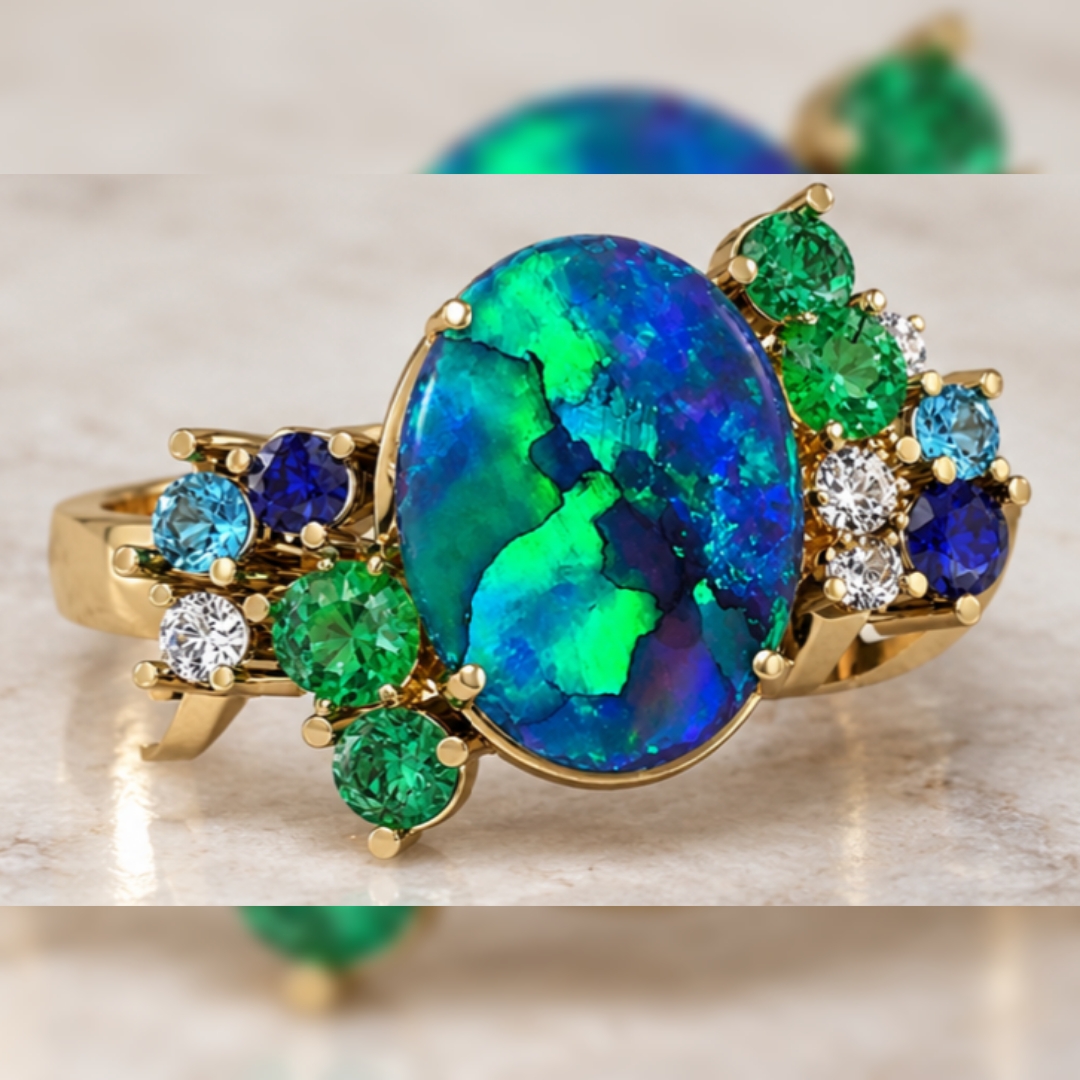 NEON CLUSTER - CUSTOM NEON Natural Australian Black Opal Ring Solid Gold,